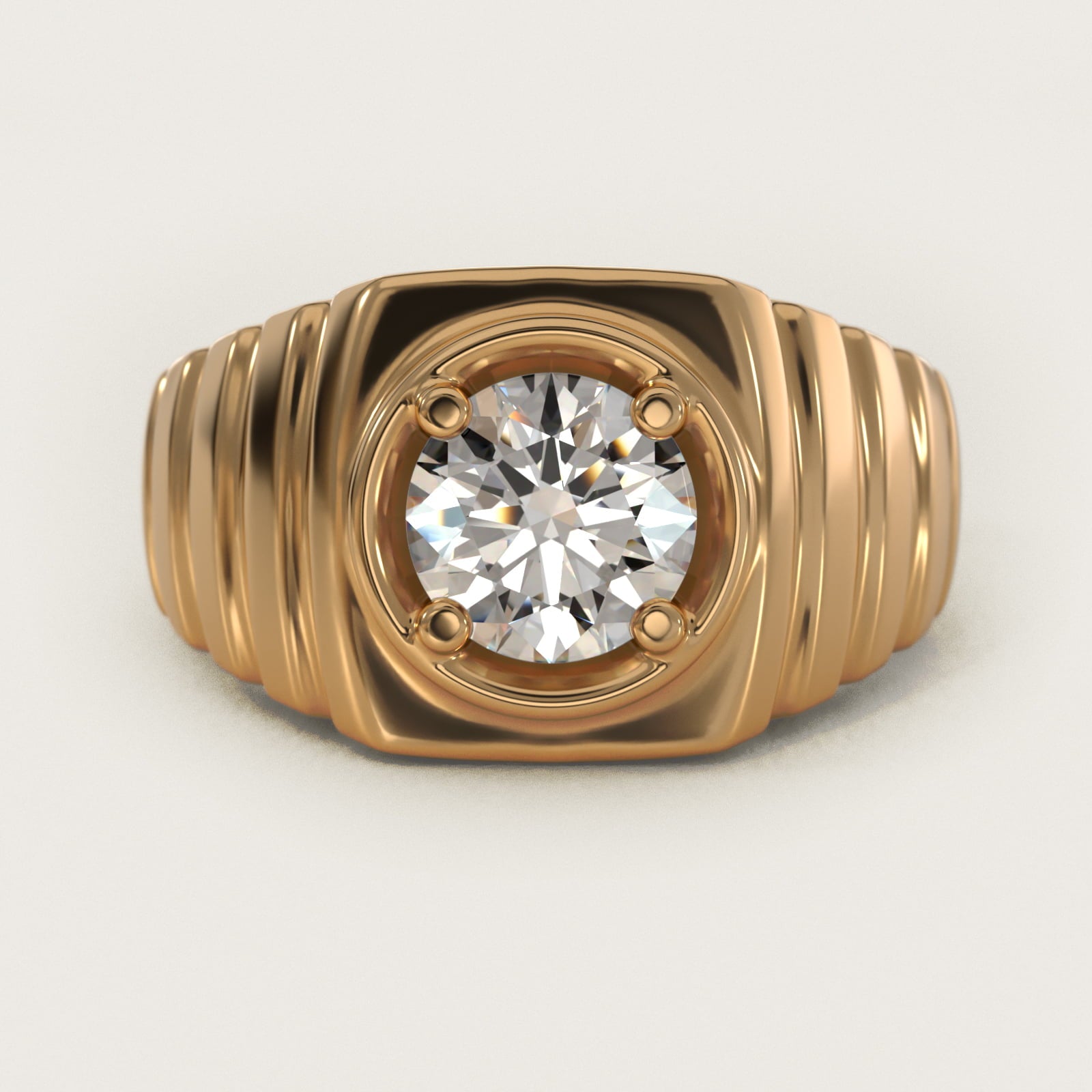 Men's Ridged Solitaire Engagement Ring in 14k Yellow Gold - Round Center