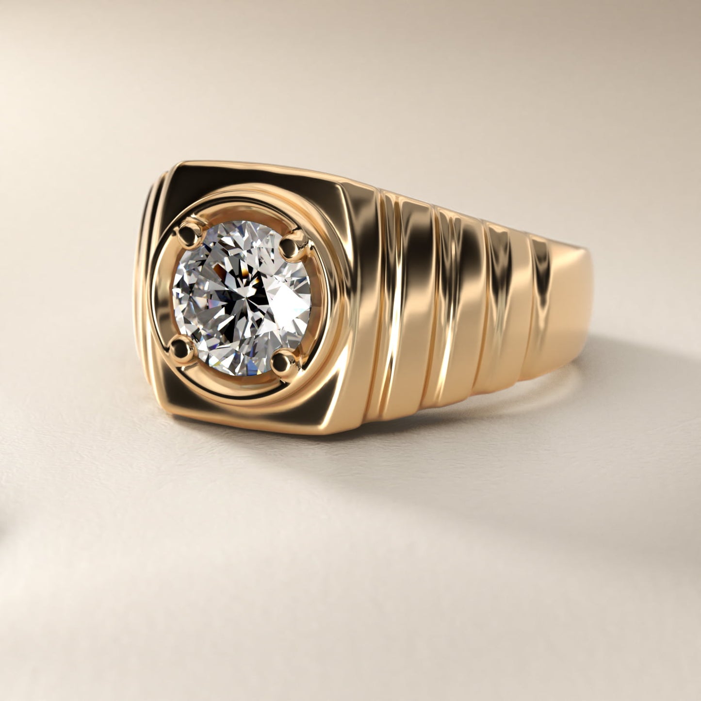 Men's Ridged Solitaire Engagement Ring in 14k Yellow Gold - Round Center