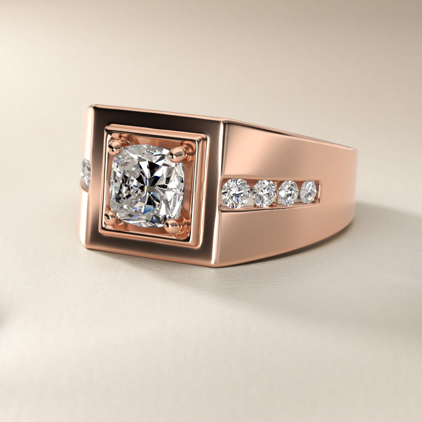 Men's Round Diamond Channel Engagement Ring in 14k Rose Gold (1/3 ct. tw.) - Cushion Center