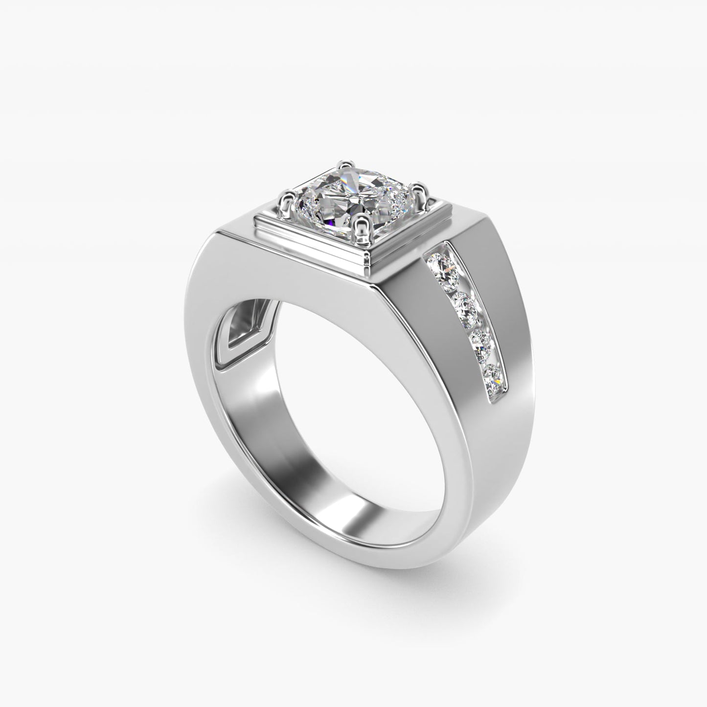 Men's Round Diamond Channel Engagement Ring in 18k White Gold (1/3 ct. tw.) - Cushion Center