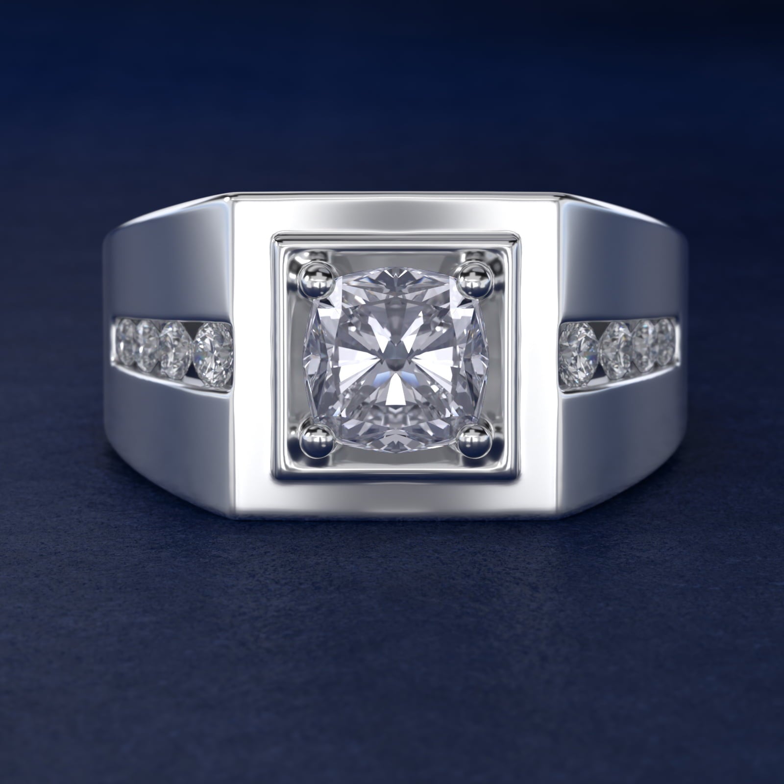 Men's Round Diamond Channel Engagement Ring in 14k White Gold (1/3 ct. tw.) - Cushion Center