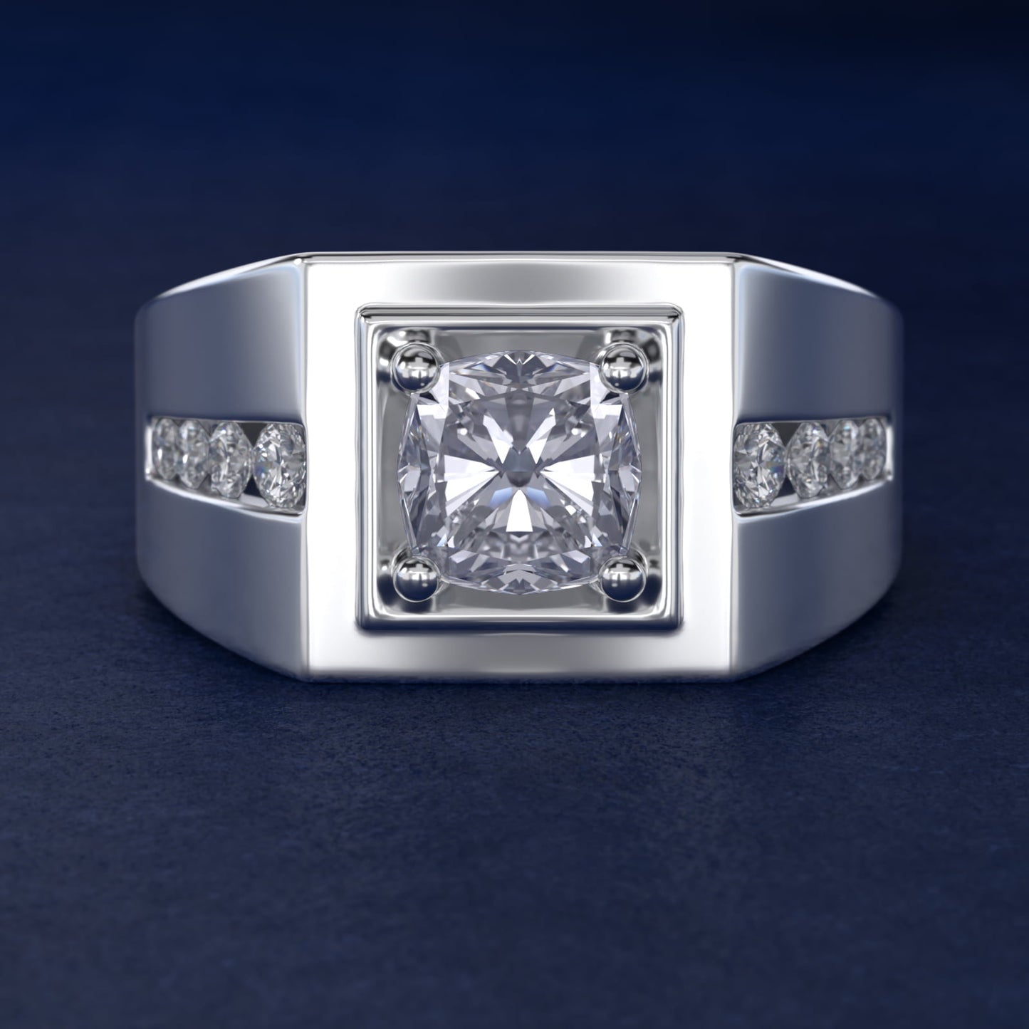 Men's Round Diamond Channel Engagement Ring in 18k White Gold (1/3 ct. tw.) - Cushion Center