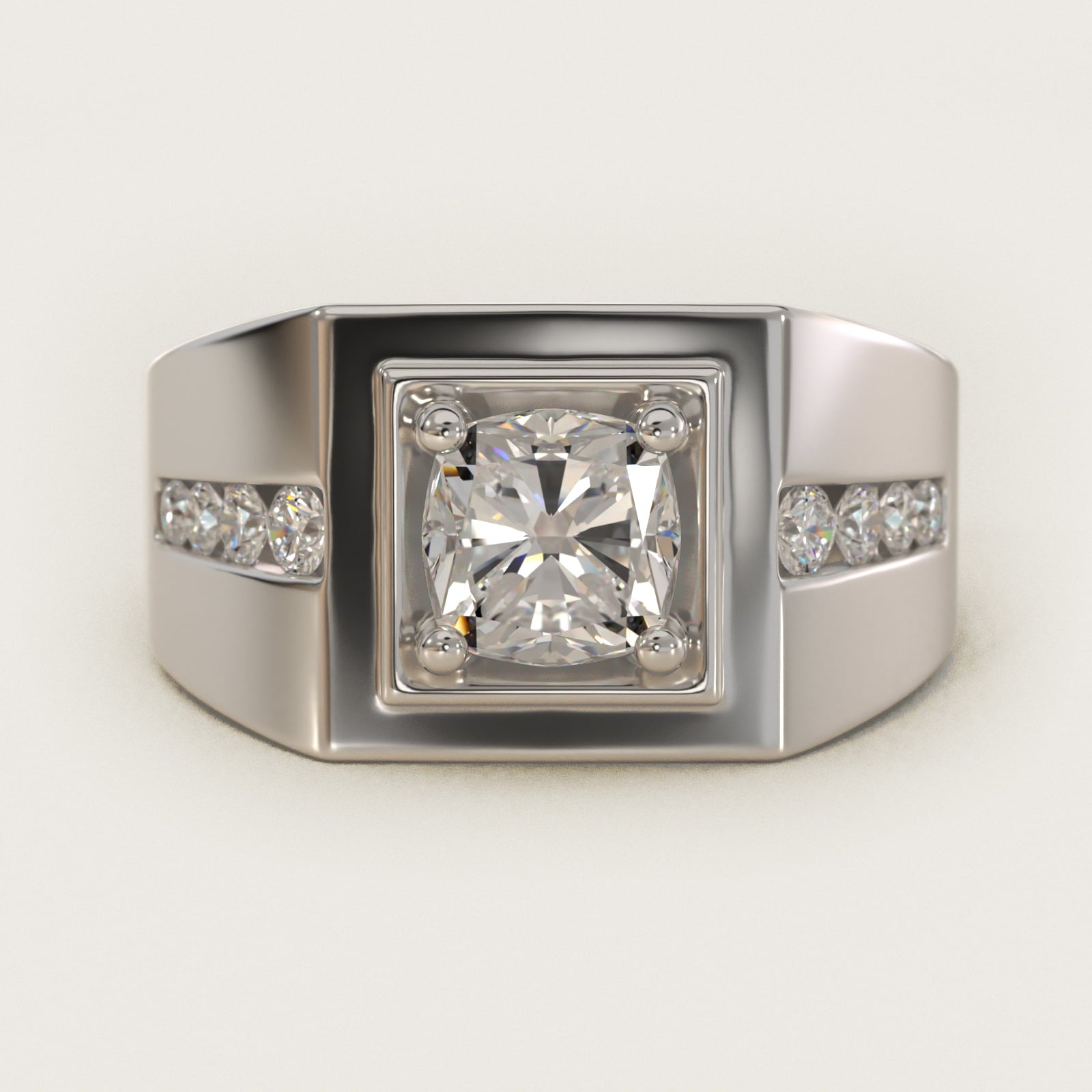 Men's Round Diamond Channel Engagement Ring in 14k White Gold (1/3 ct. tw.) - Cushion Center
