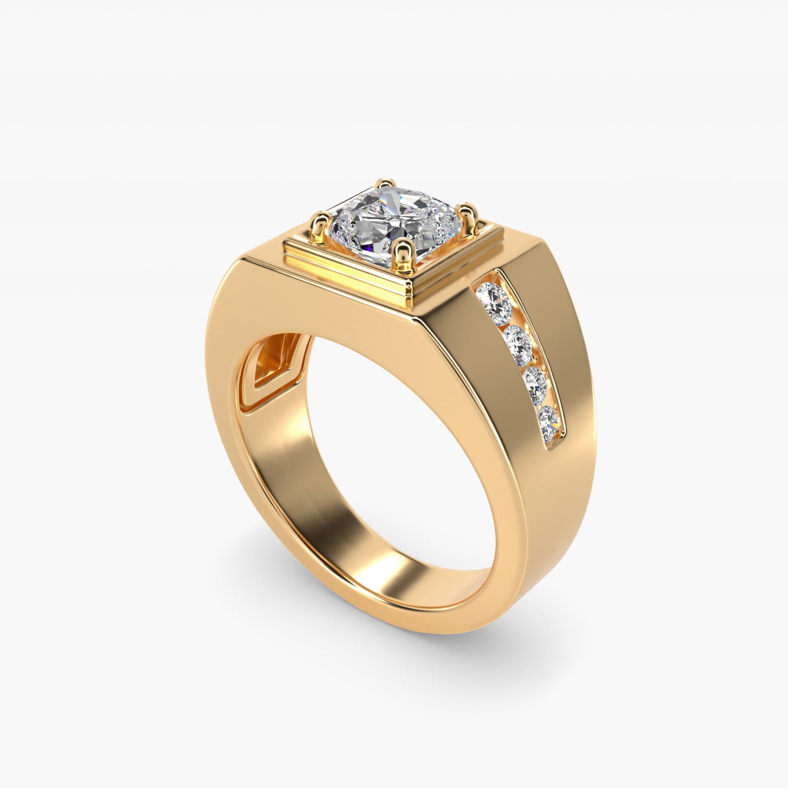 Men's Round Diamond Channel Engagement Ring in 14k Yellow Gold (1/3 ct. tw.) - Cushion Center