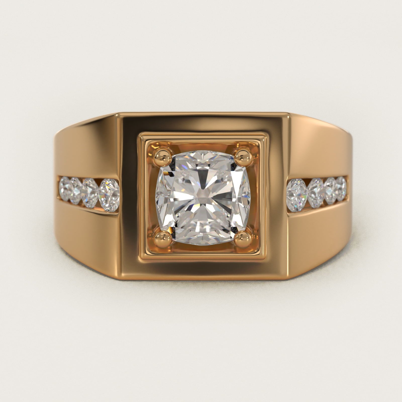 Men's Round Diamond Channel Engagement Ring in 14k Yellow Gold (1/3 ct. tw.) - Cushion Center