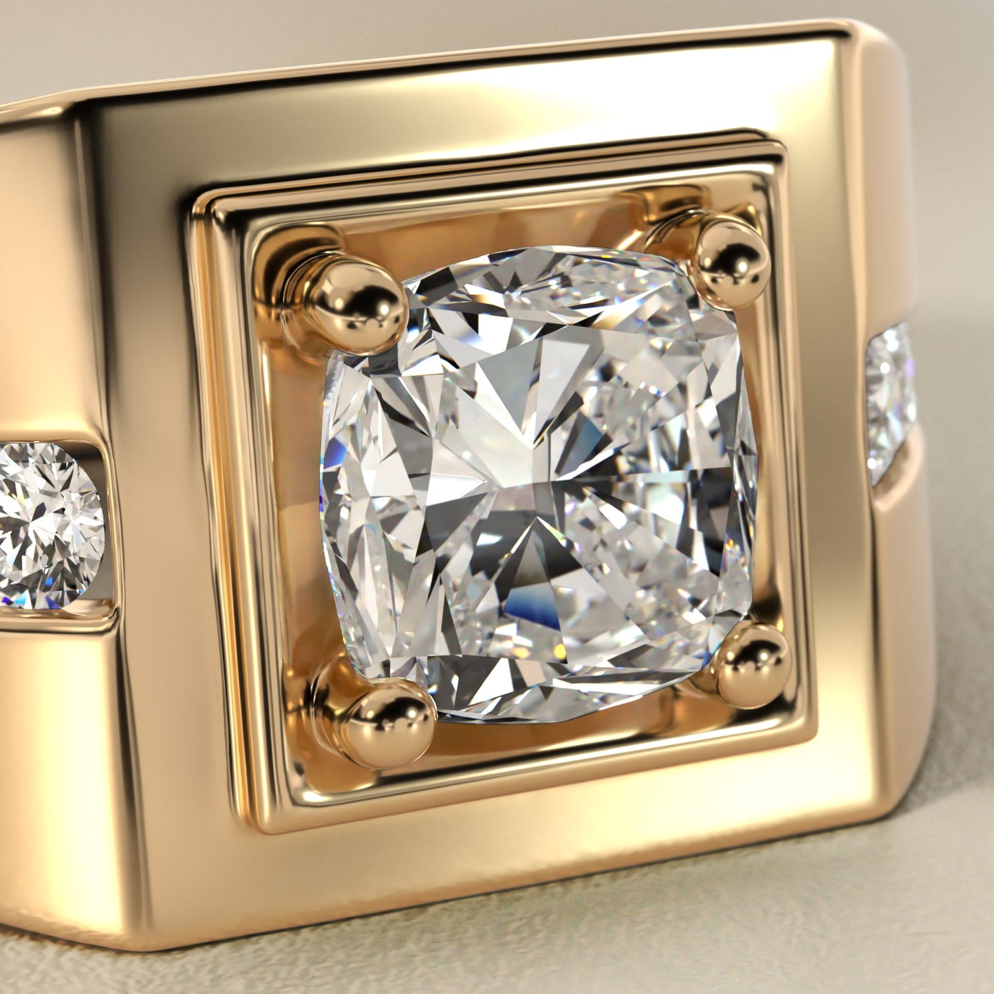 Men's Round Diamond Channel Engagement Ring in 18k Yellow Gold (1/3 ct. tw.) - Cushion Center