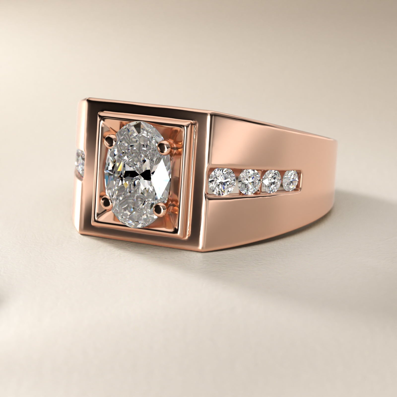 Men's Round Diamond Channel Engagement Ring in 18k Rose Gold (1/3 ct. tw.) - Oval Center