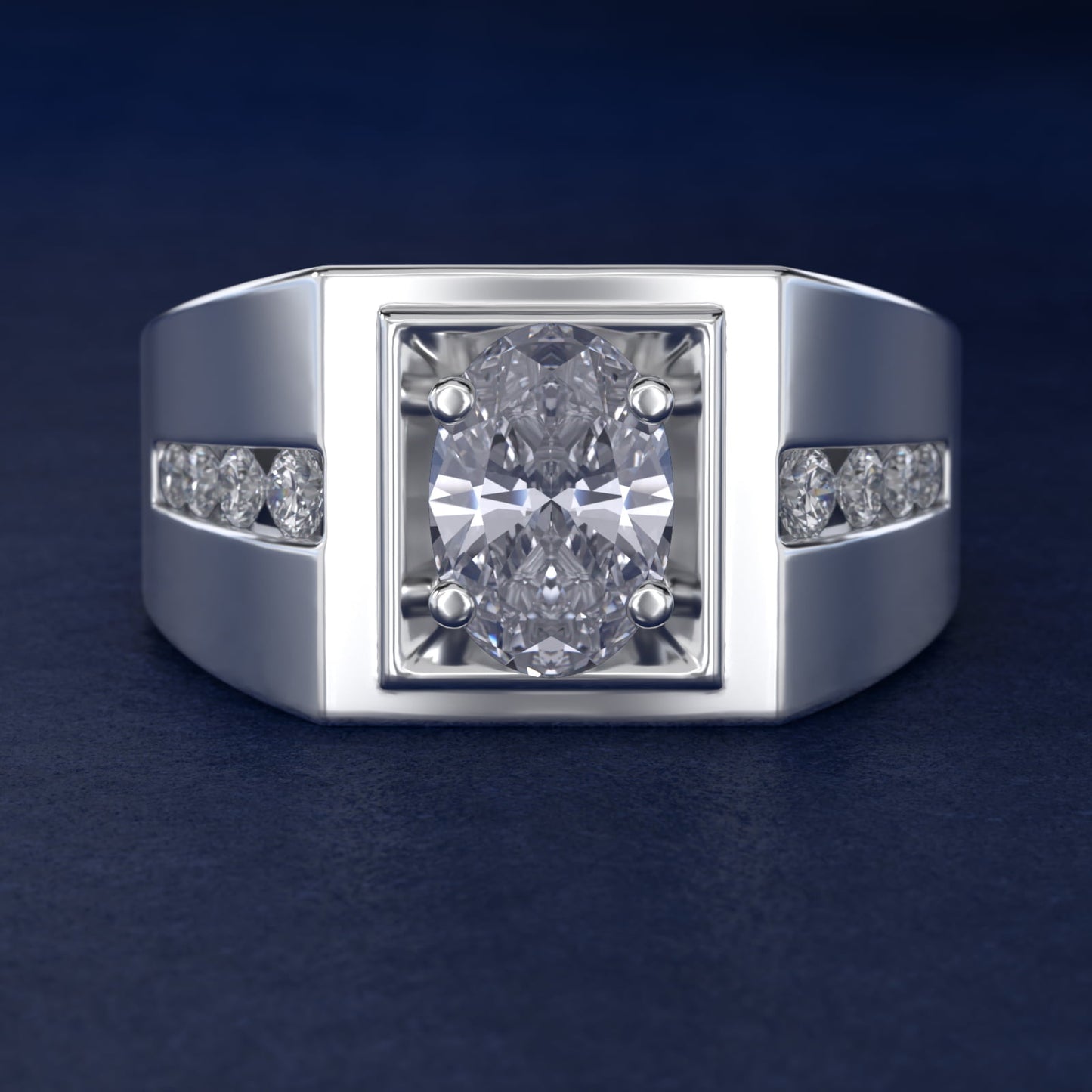 Men's Round Diamond Channel Engagement Ring in 18k White Gold (1/3 ct. tw.) - Oval Center