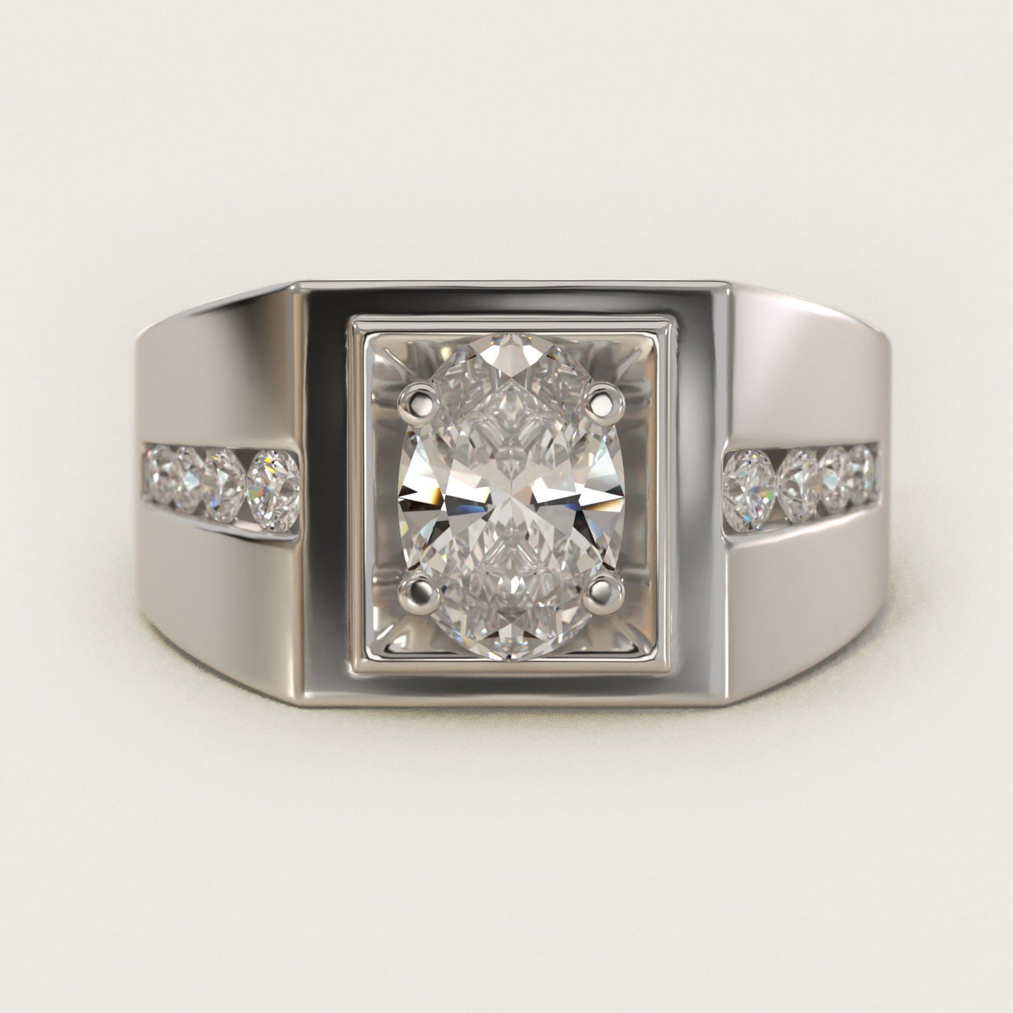 Men's Round Diamond Channel Engagement Ring in 14k White Gold (1/3 ct. tw.) - Oval Center