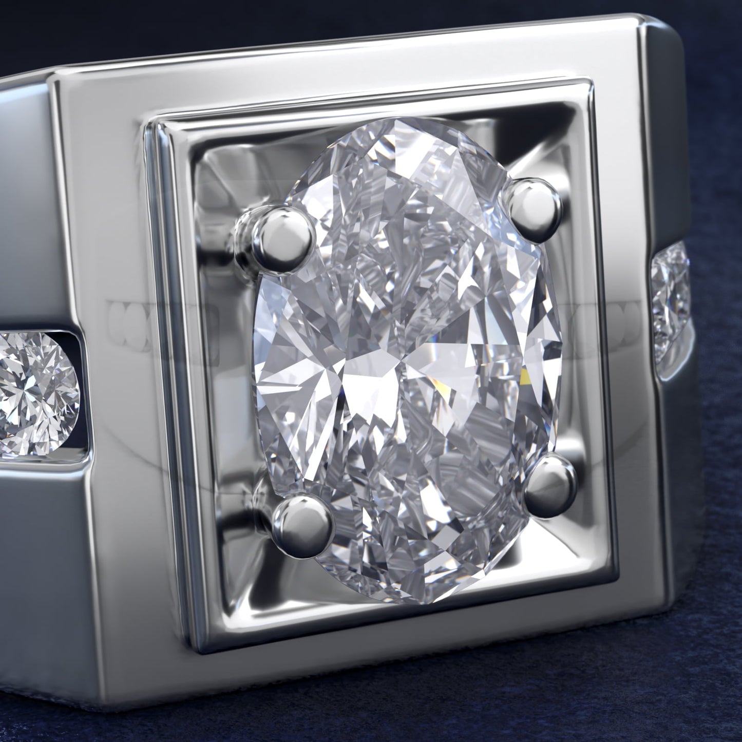 Men's Round Diamond Channel Engagement Ring in 18k White Gold (1/3 ct. tw.) - Oval Center