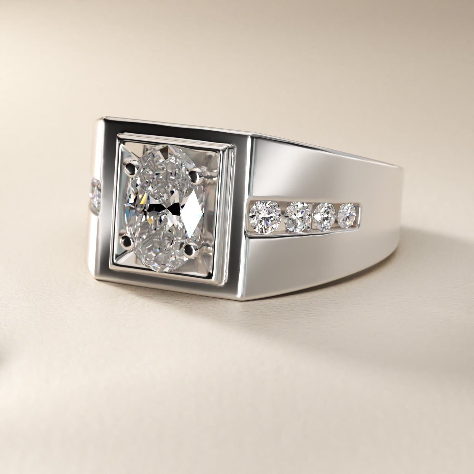 Men's Round Diamond Channel Engagement Ring in Platinum (1/3 ct. tw.) - Oval Center