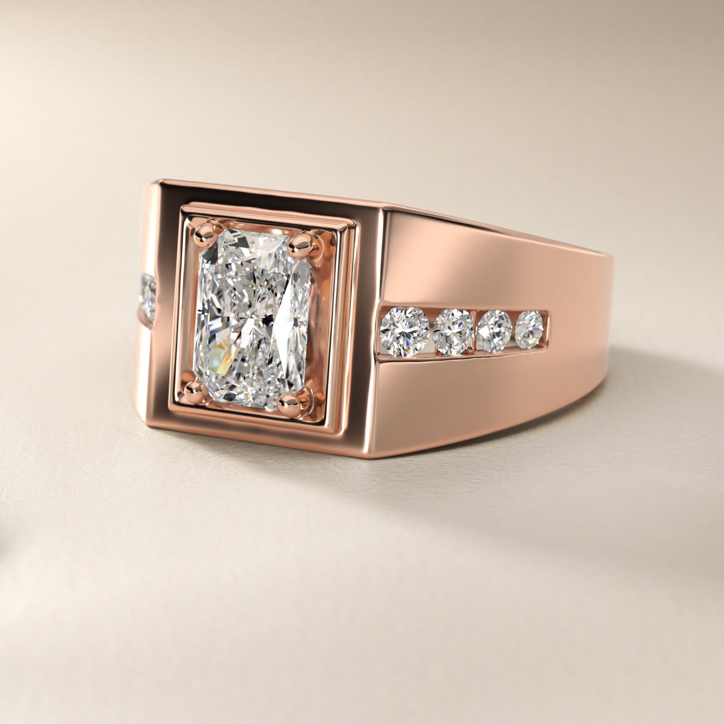 Men's Round Diamond Channel Engagement Ring in 18k Rose Gold (1/3 ct. tw.) - Radiant Center