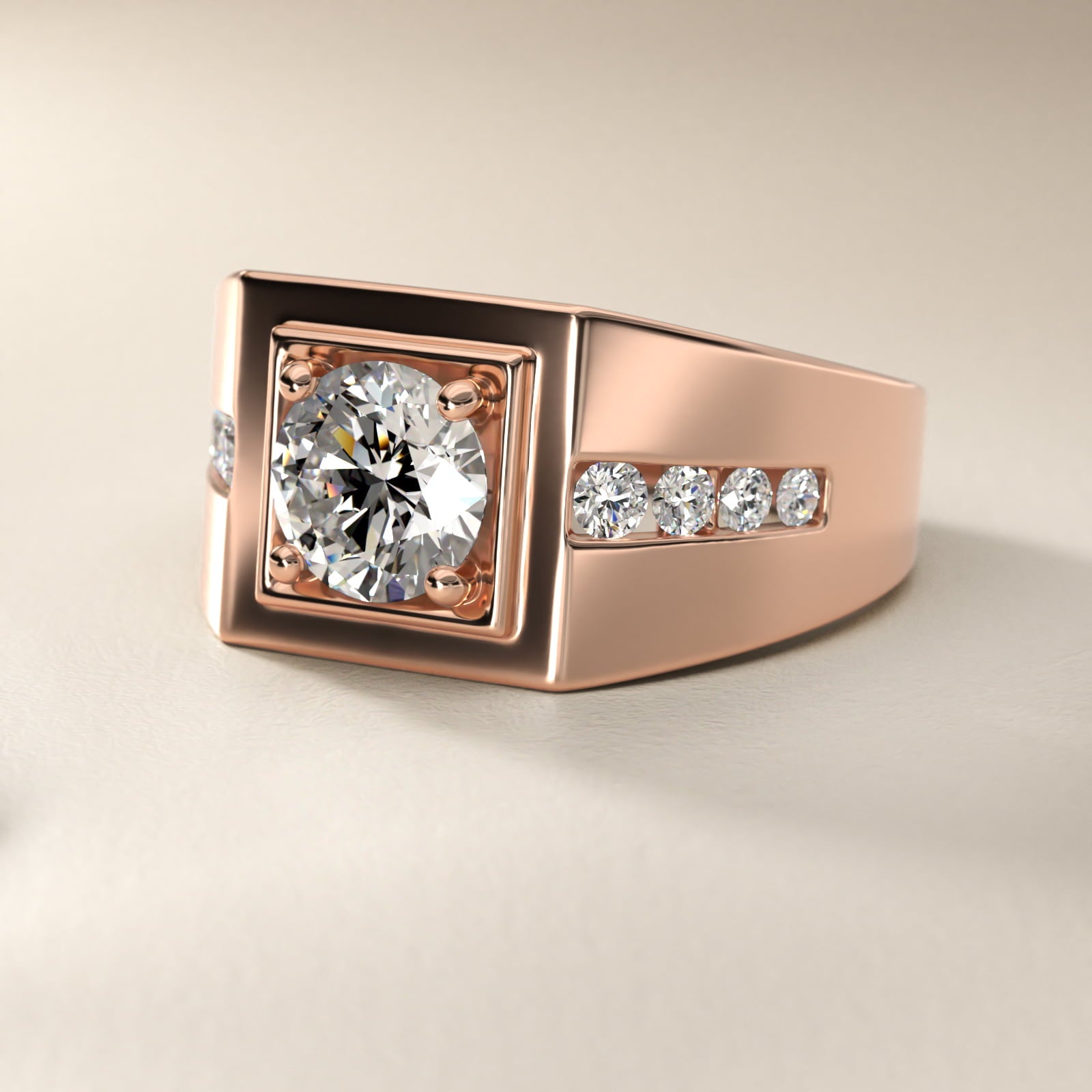 Men's Round Diamond Channel Engagement Ring in 18k Rose Gold (1/3 ct. tw.) - Round Center