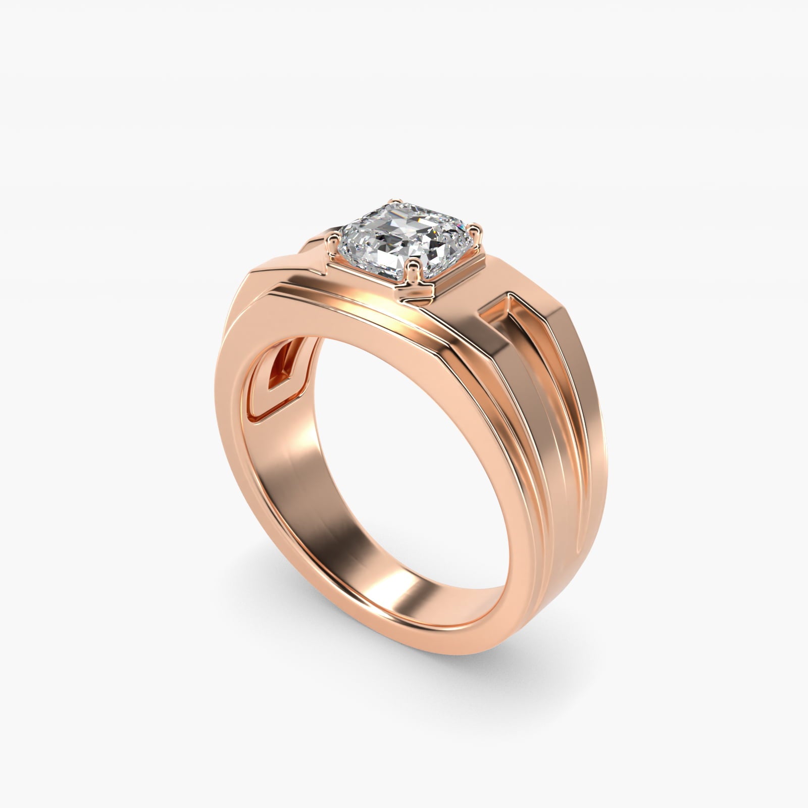 Men's Structured Solitaire Engagement Ring in 18k Rose Gold - Asscher Center