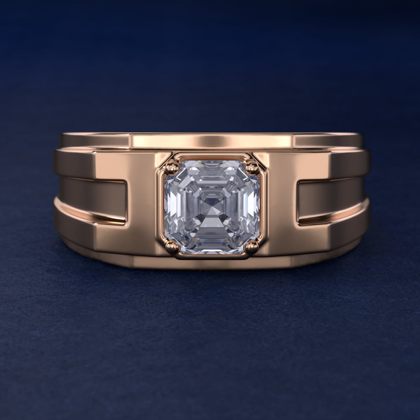 Men's Structured Solitaire Engagement Ring in 18k Rose Gold - Asscher Center