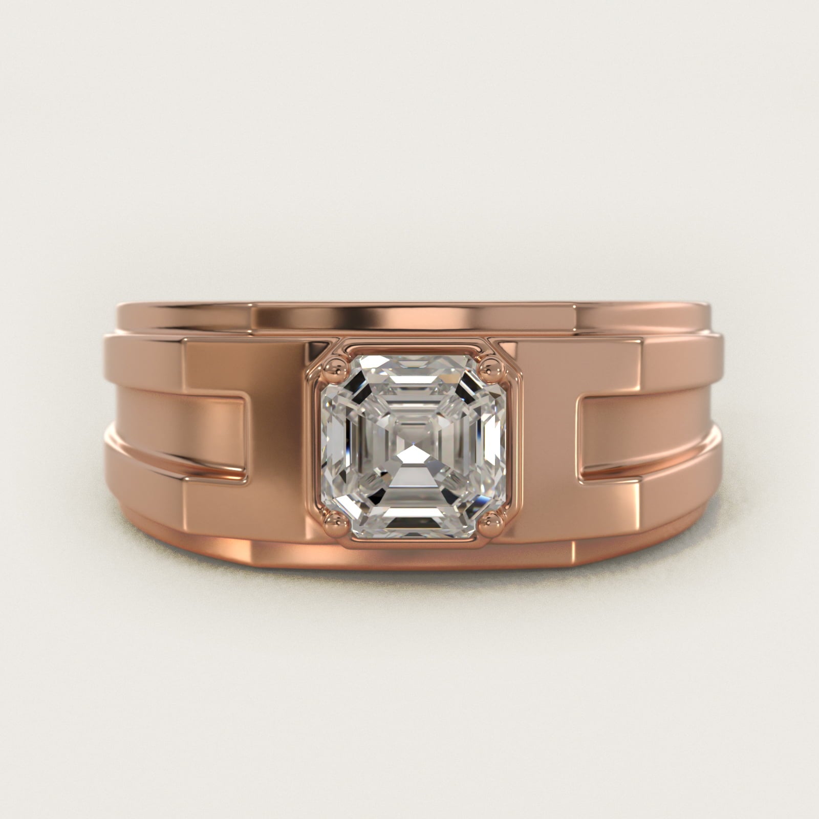 Men's Structured Solitaire Engagement Ring in 18k Rose Gold - Asscher Center
