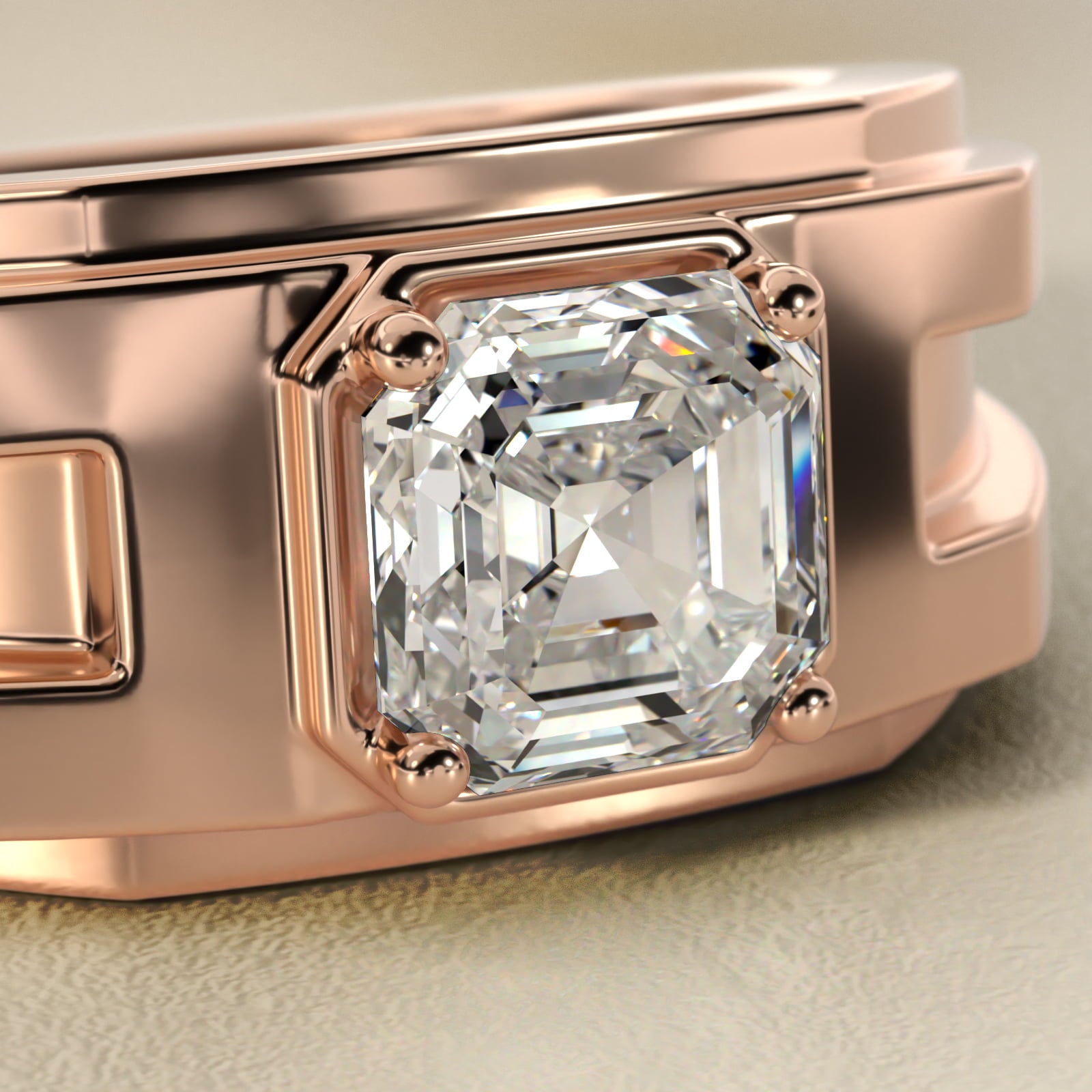 Men's Structured Solitaire Engagement Ring in 14k Rose Gold - Asscher Center