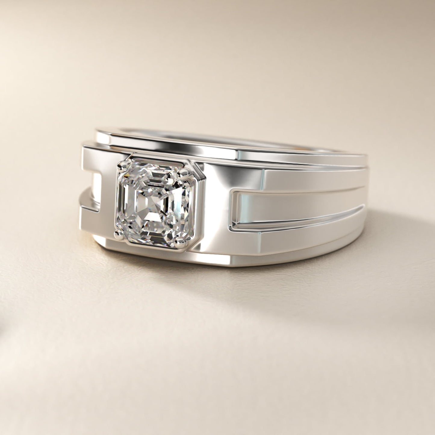 Men's Structured Solitaire Engagement Ring in 14k White Gold - Asscher Center