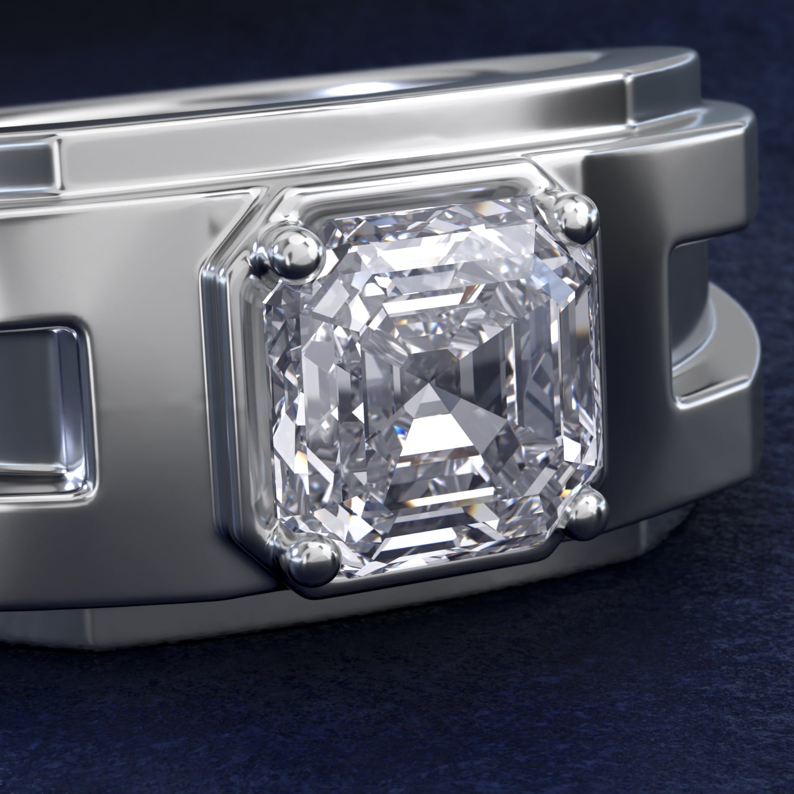 Men's Structured Solitaire Engagement Ring in Platinum - Asscher Center