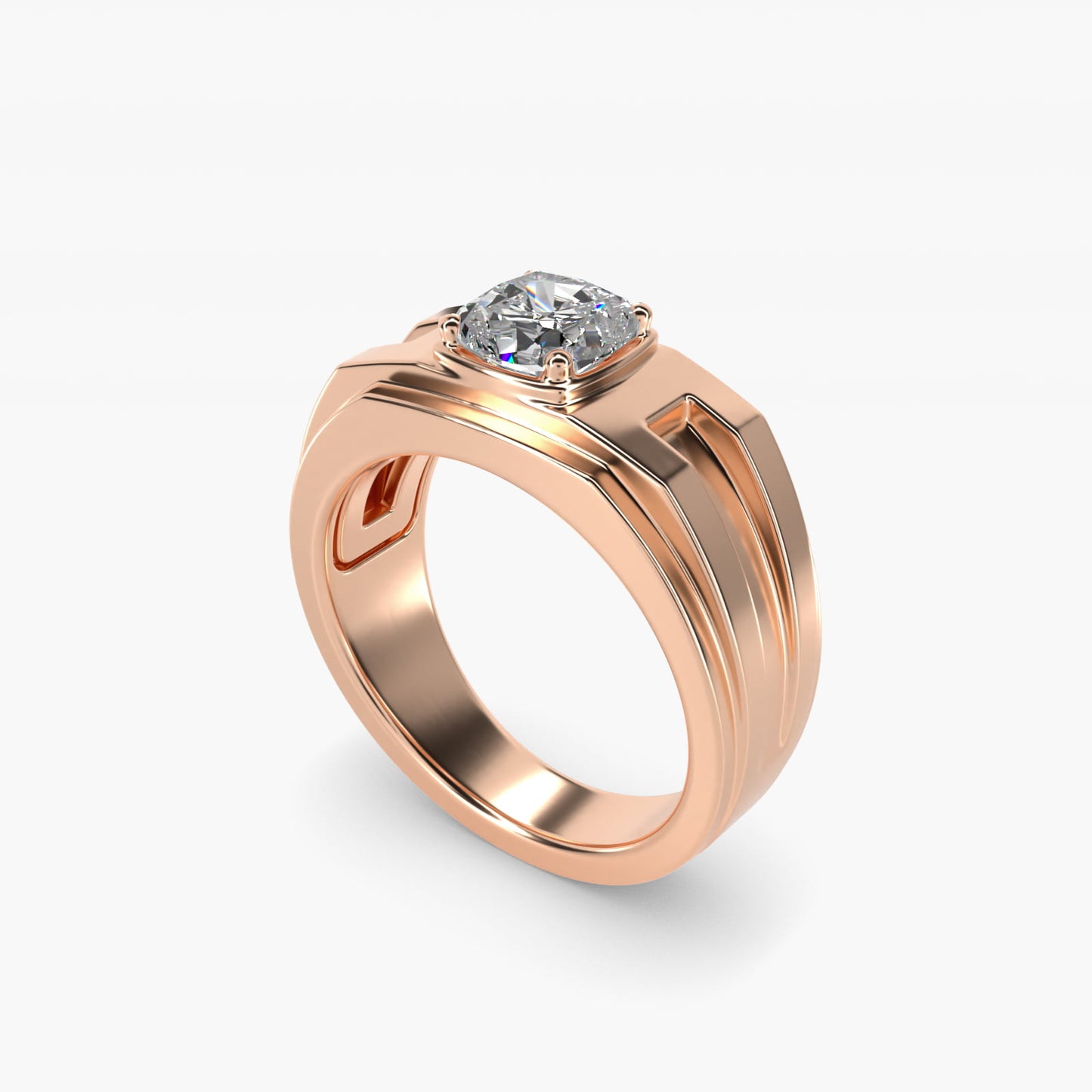 Men's Structured Solitaire Engagement Ring in 18k Rose Gold - Cushion Center