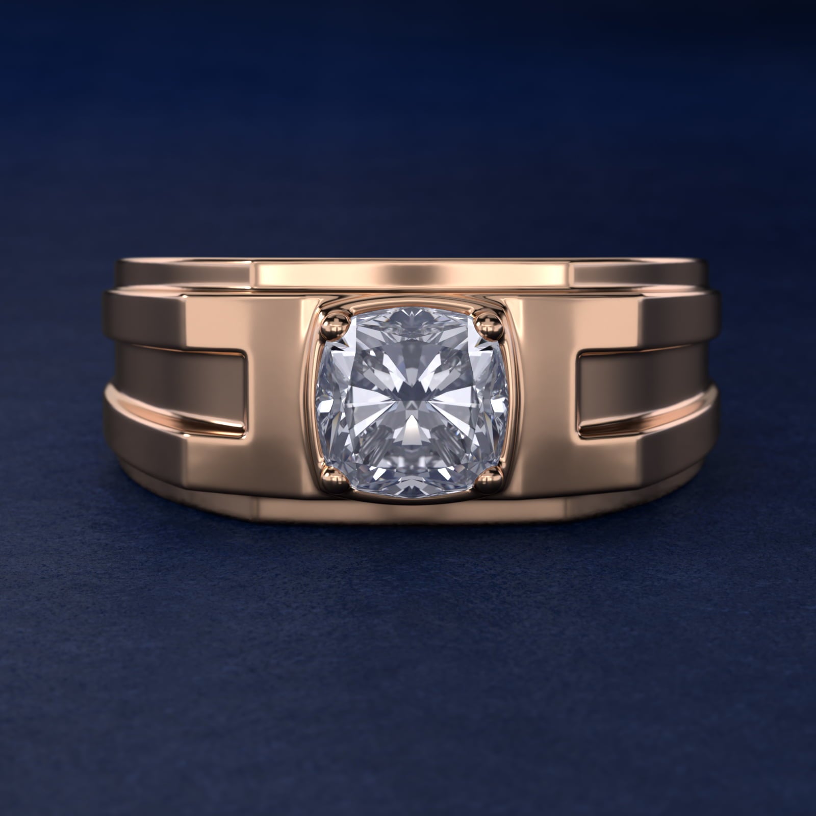 Men's Structured Solitaire Engagement Ring in 18k Rose Gold - Cushion Center