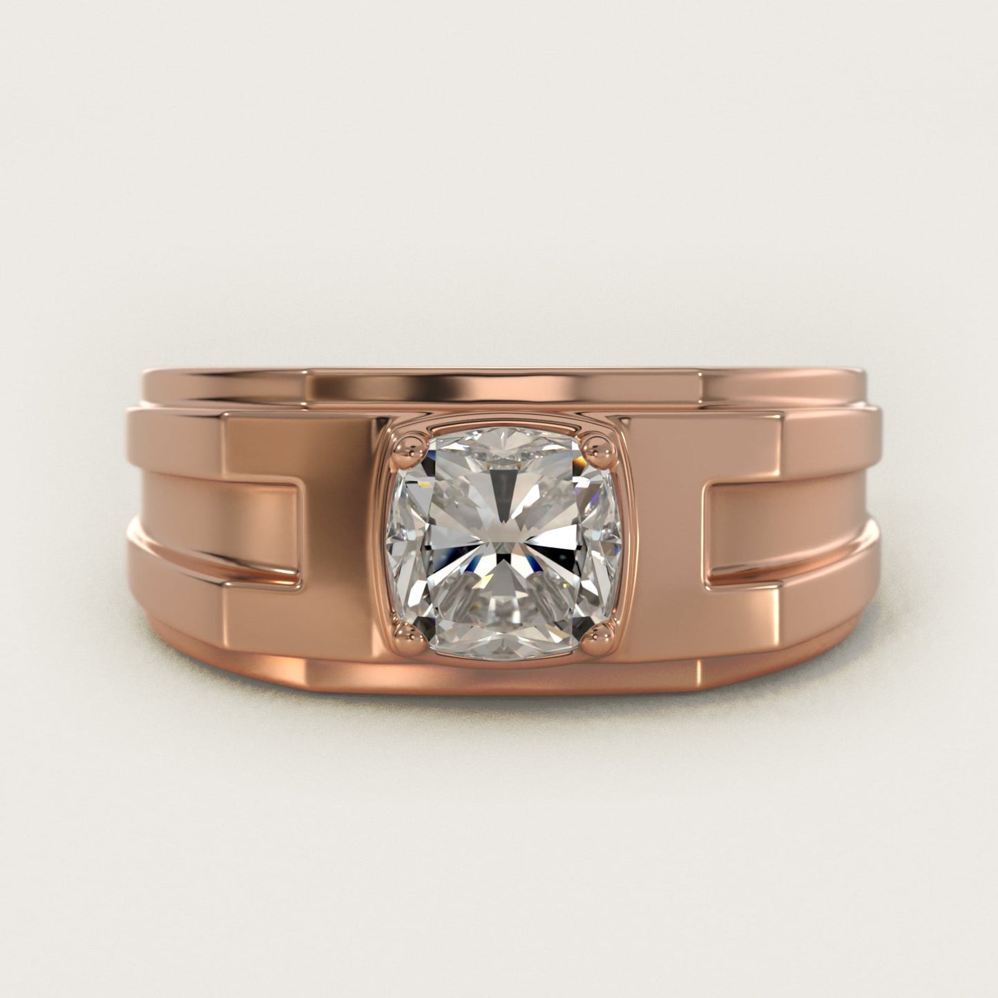 Men's Structured Solitaire Engagement Ring in 18k Rose Gold - Cushion Center