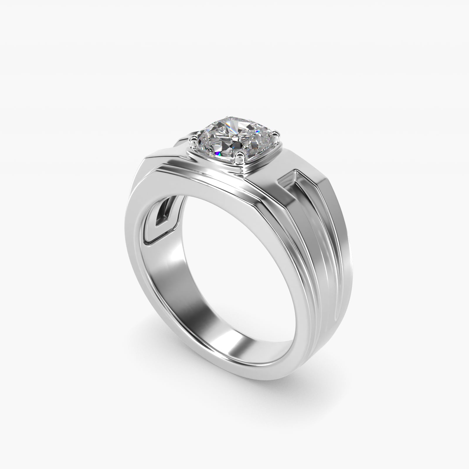Men's Structured Solitaire Engagement Ring in 18k White Gold - Cushion Center