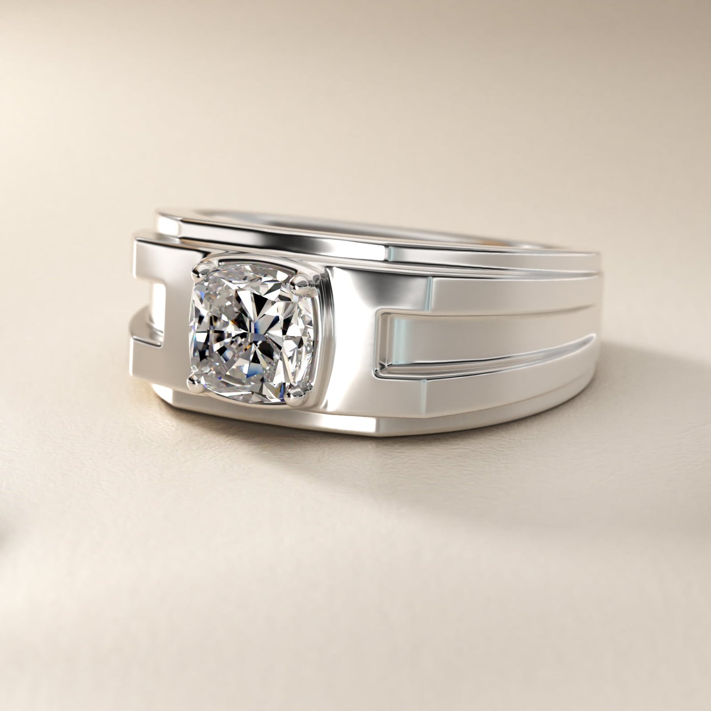 Men's Structured Solitaire Engagement Ring in 18k White Gold - Cushion Center