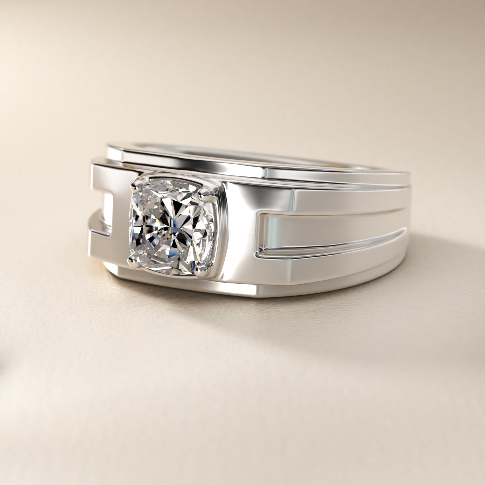 Men's Structured Solitaire Engagement Ring in 18k White Gold - Cushion Center