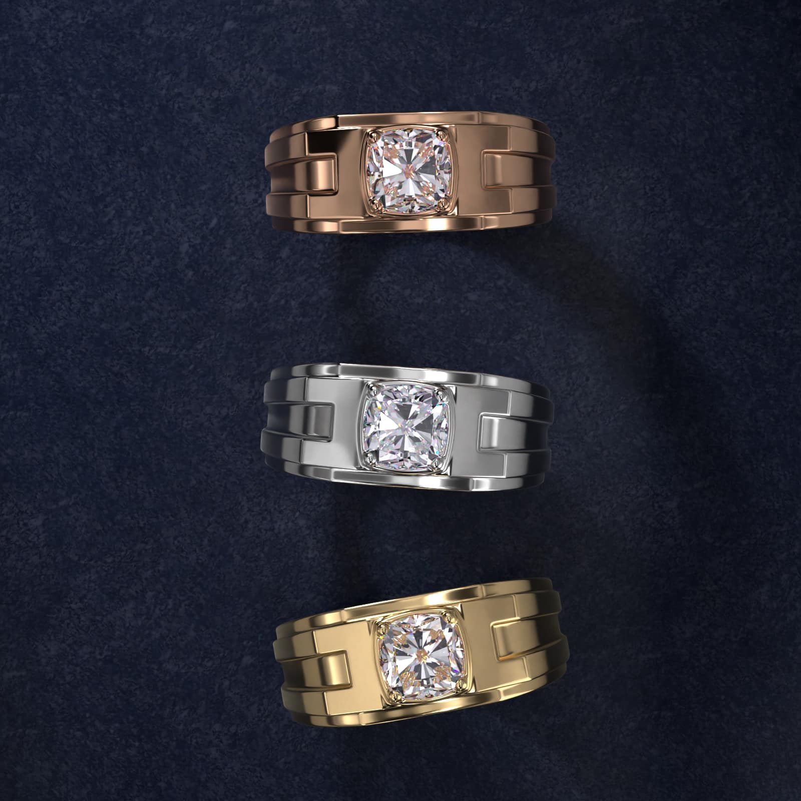 Men's Structured Solitaire Engagement Ring in 18k White Gold - Cushion Center