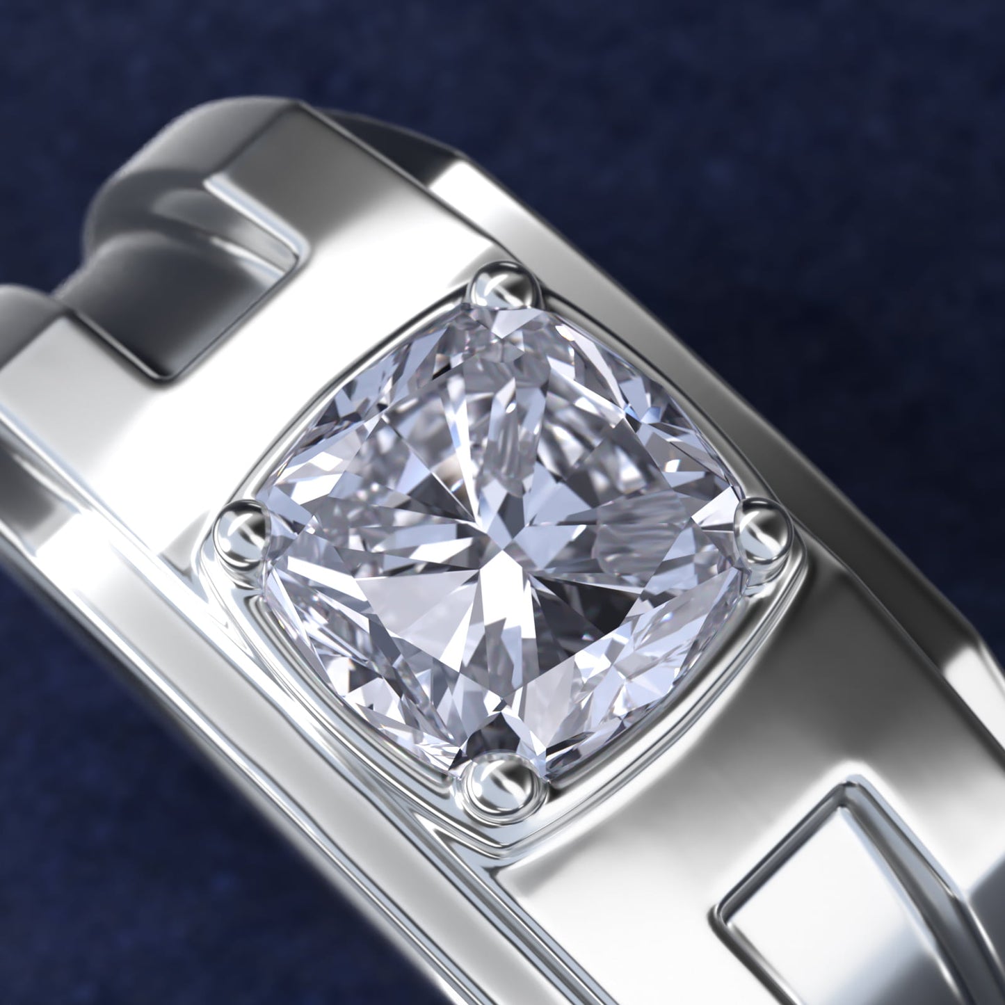 Men's Structured Solitaire Engagement Ring in 18k White Gold - Cushion Center
