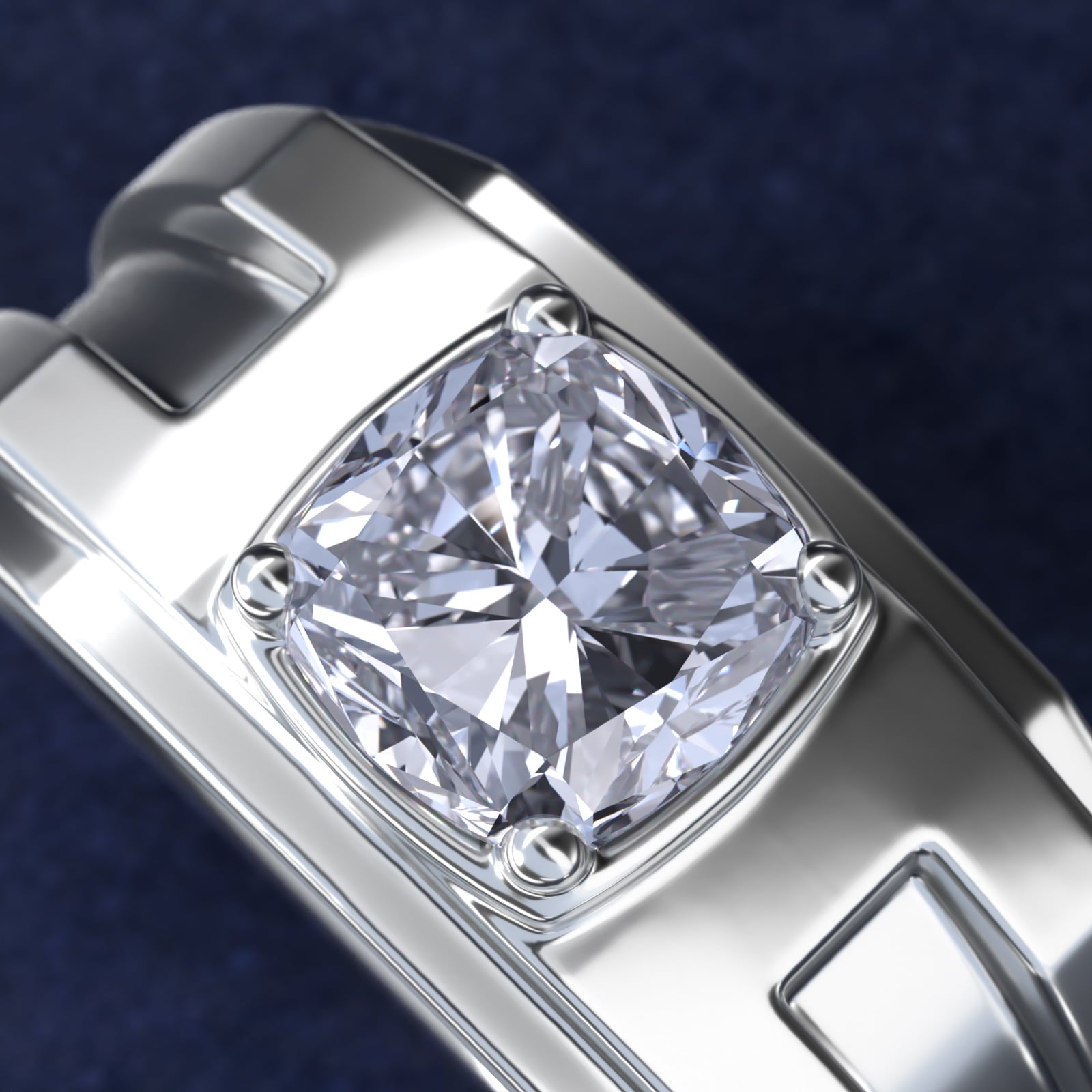 Men's Structured Solitaire Engagement Ring in 18k White Gold - Cushion Center