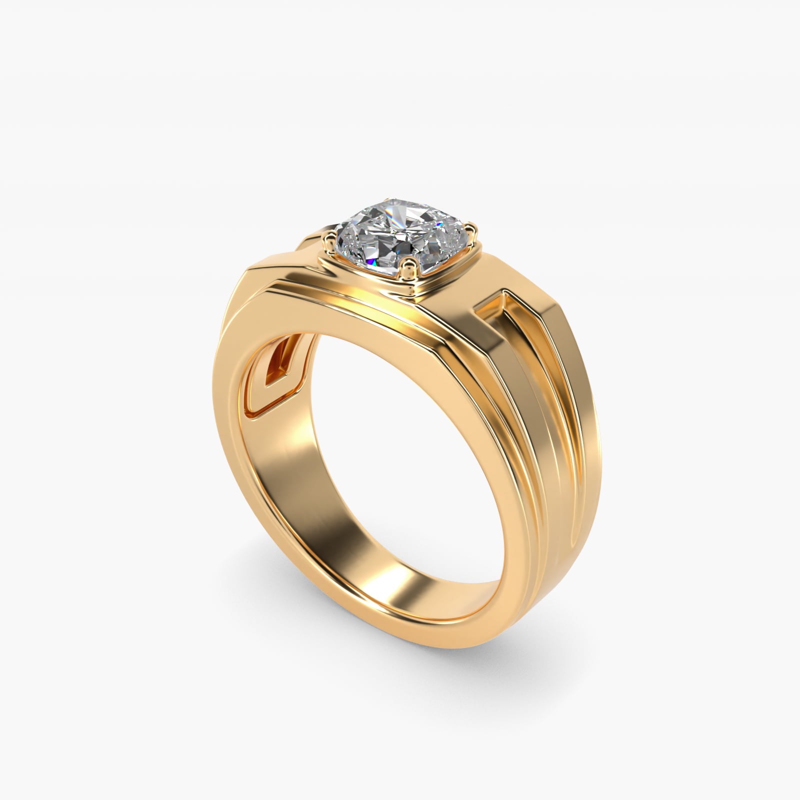 Men's Structured Solitaire Engagement Ring in 14k Yellow Gold - Cushion Center