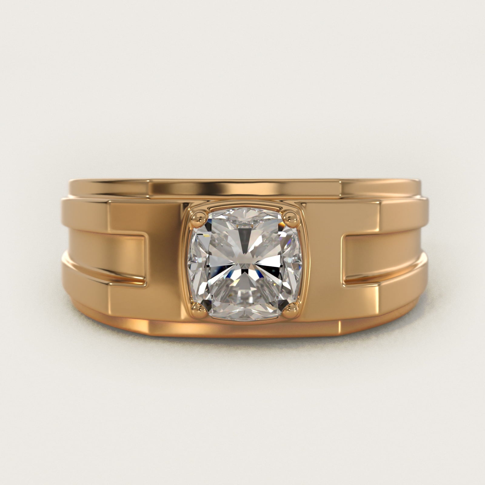Men's Structured Solitaire Engagement Ring in 14k Yellow Gold - Cushion Center