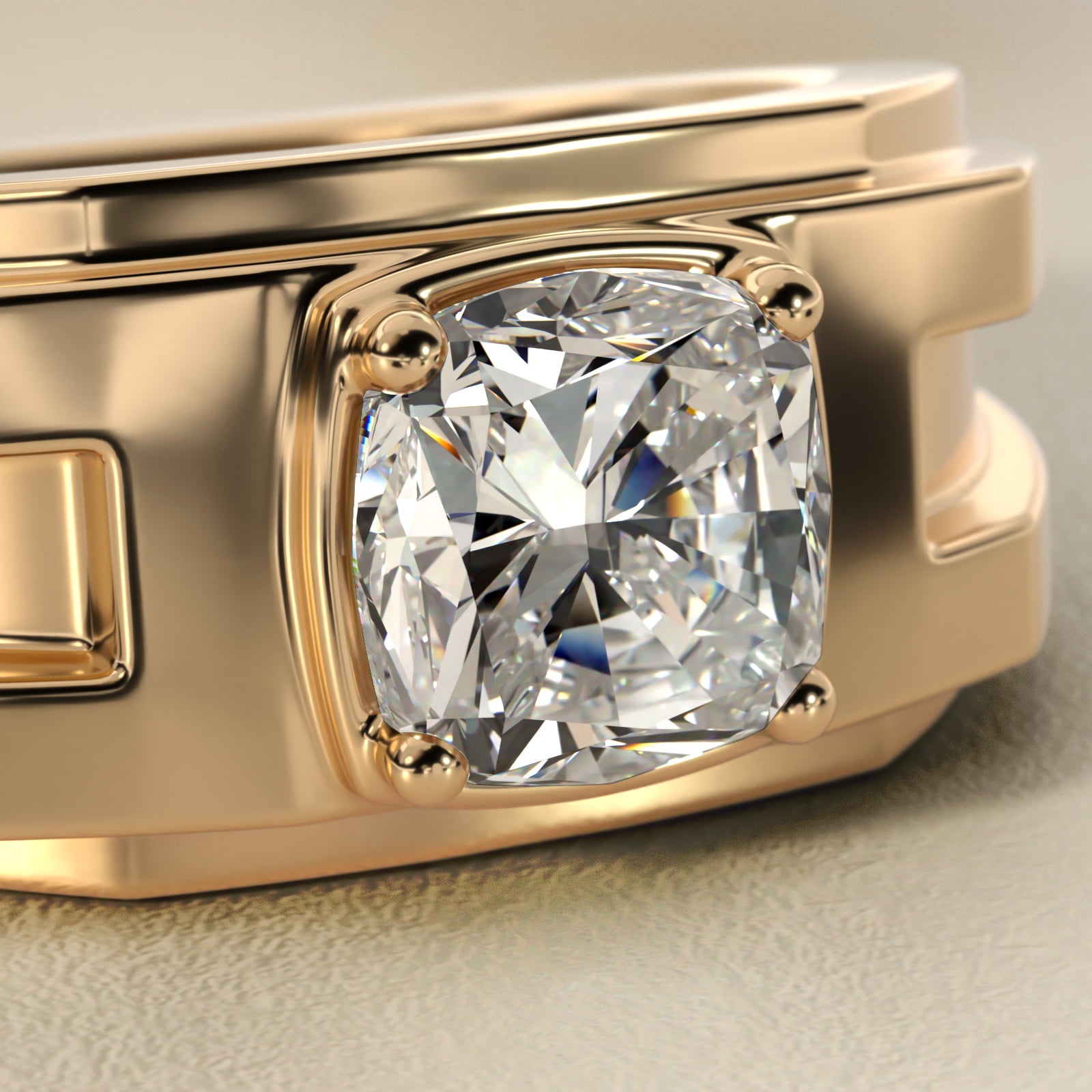 Men's Structured Solitaire Engagement Ring in 14k Yellow Gold - Cushion Center