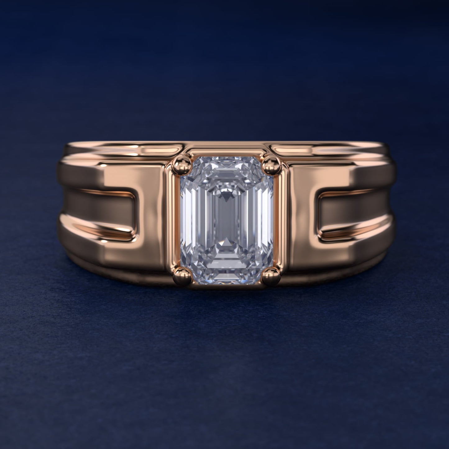 Men's Structured Solitaire Engagement Ring in 18k Rose Gold - Emerald Center