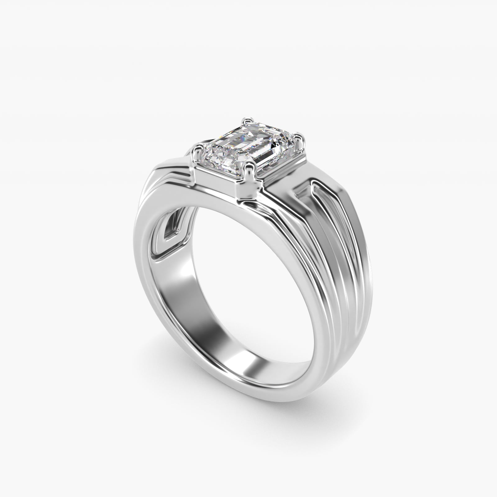 Men's Structured Solitaire Engagement Ring in 14k White Gold - Emerald Center