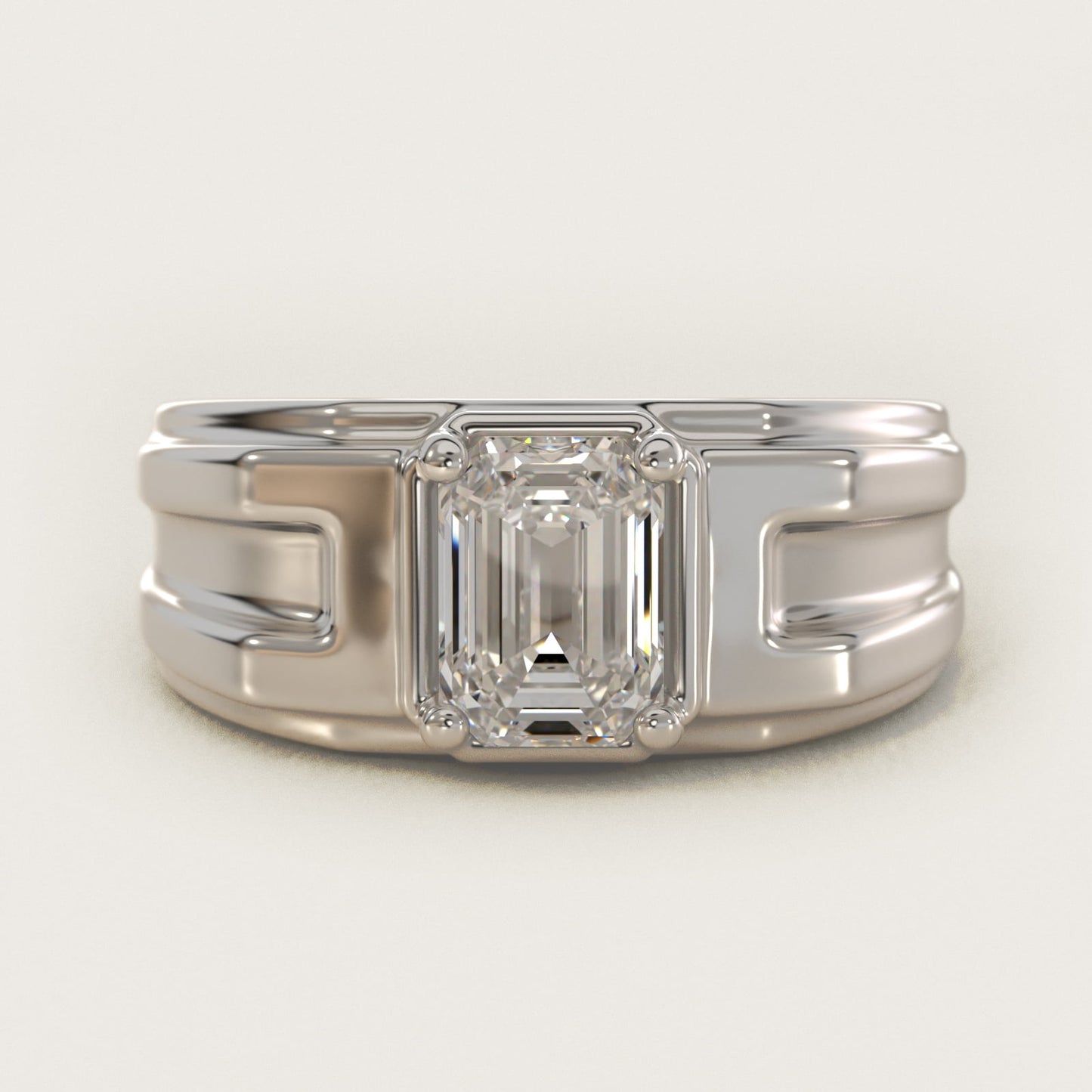 Men's Structured Solitaire Engagement Ring in 18k White Gold - Emerald Center