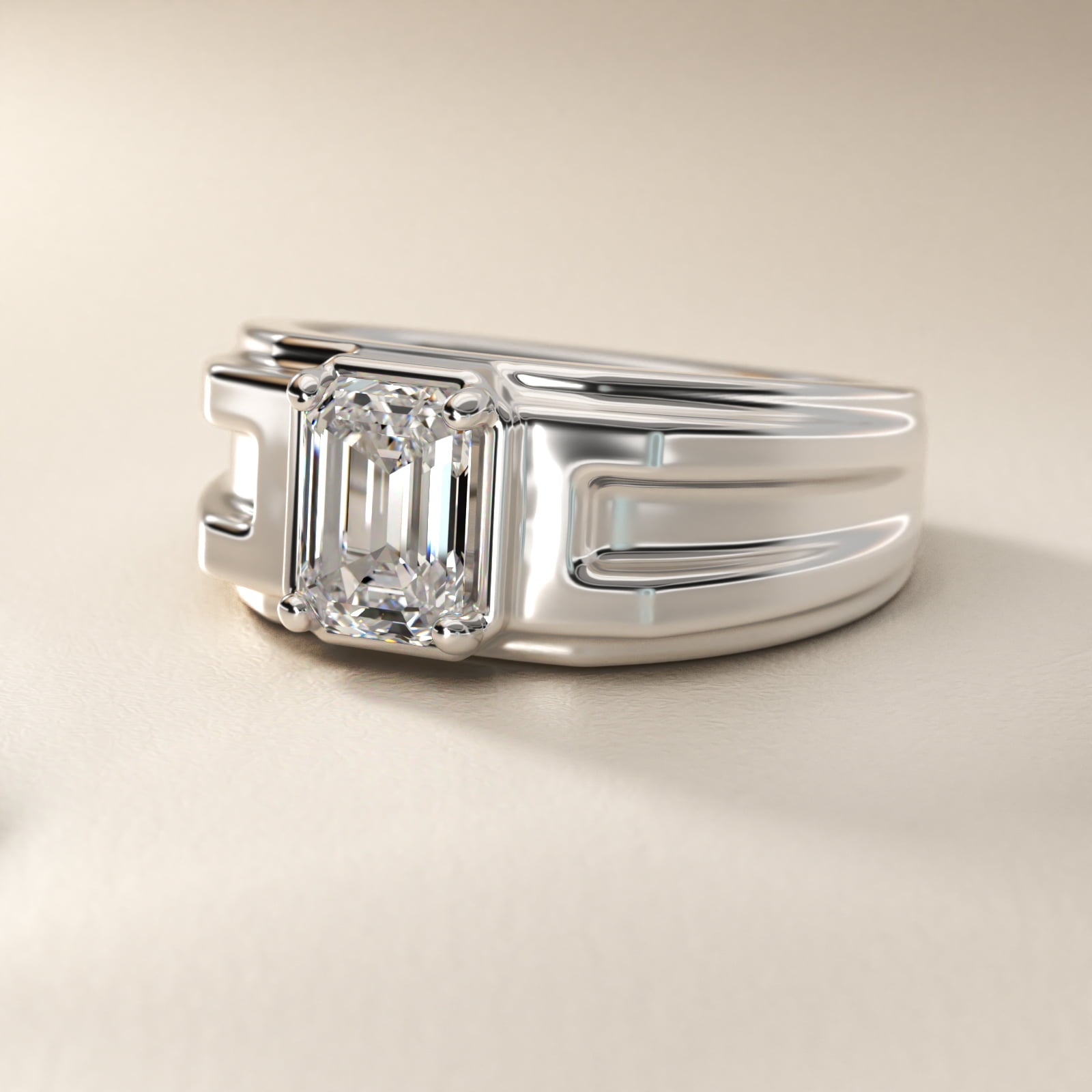 Men's Structured Solitaire Engagement Ring in 14k White Gold - Emerald Center