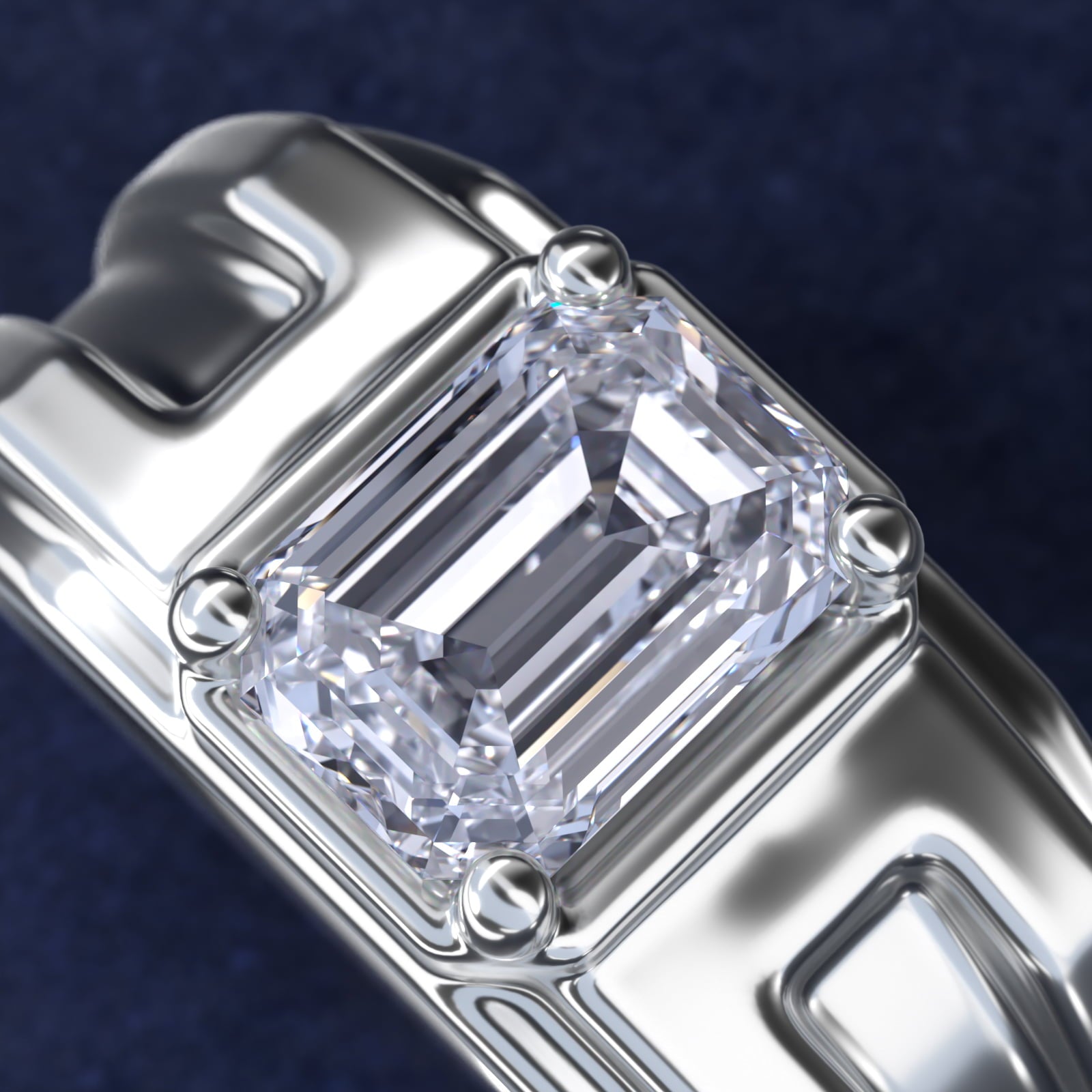 Men's Structured Solitaire Engagement Ring in 18k White Gold - Emerald Center