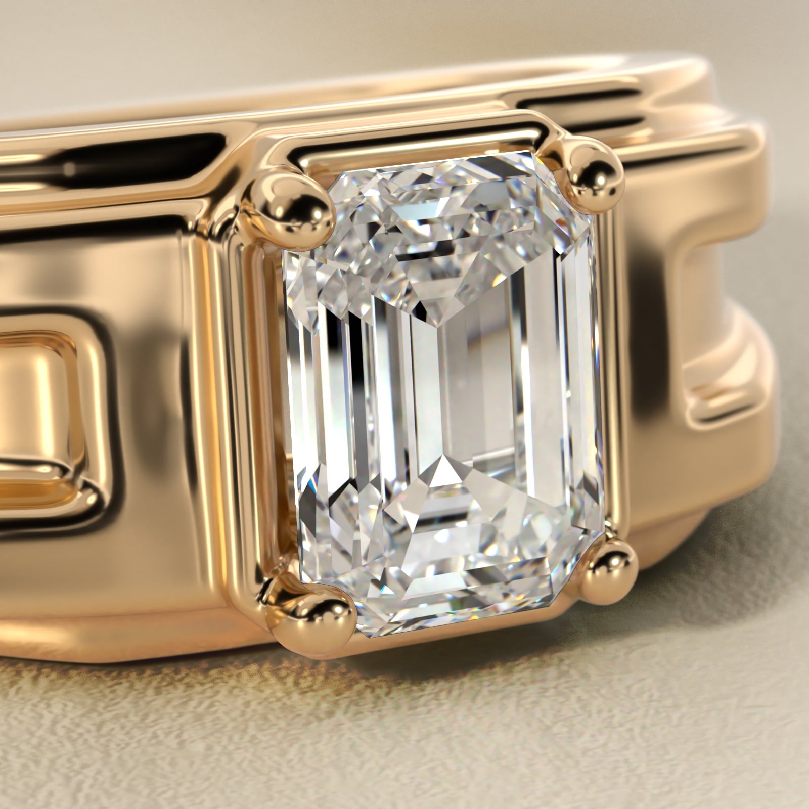Men's Structured Solitaire Engagement Ring in 18k Yellow Gold - Emerald Center