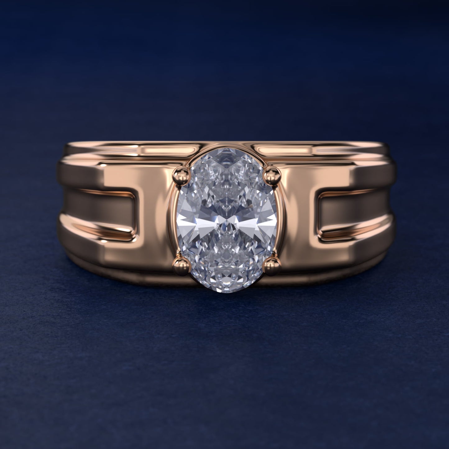 Men's Structured Solitaire Engagement Ring in 14k Rose Gold - Oval Center