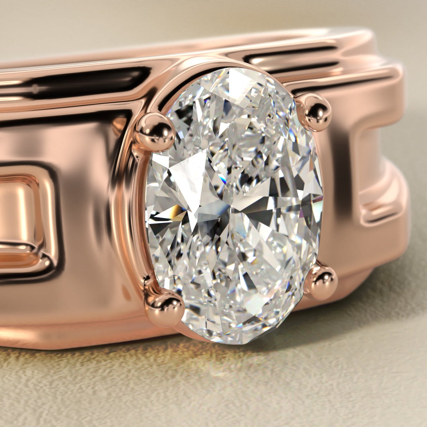 Men's Structured Solitaire Engagement Ring in 18k Rose Gold - Oval Center