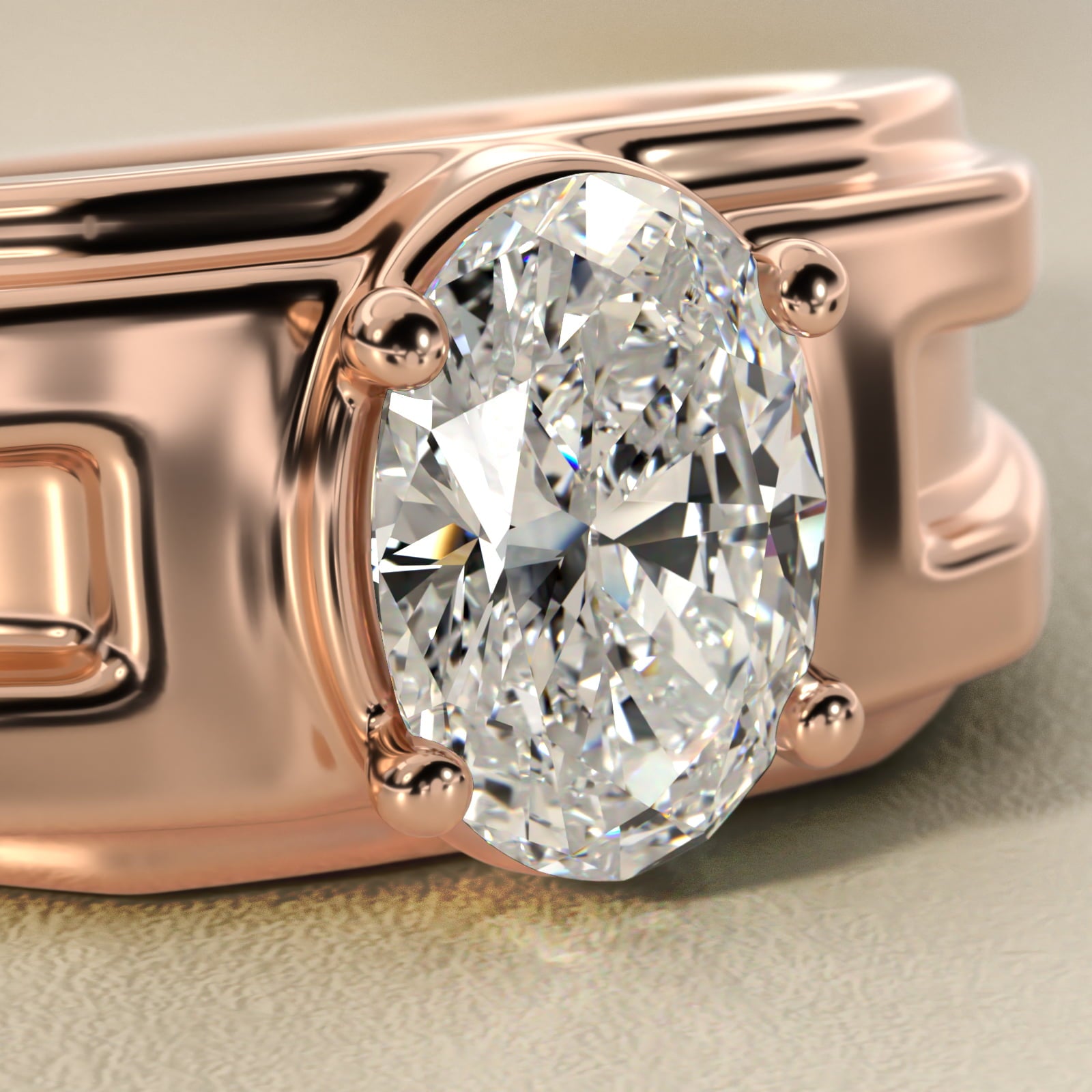 Men's Structured Solitaire Engagement Ring in 18k Rose Gold - Oval Center