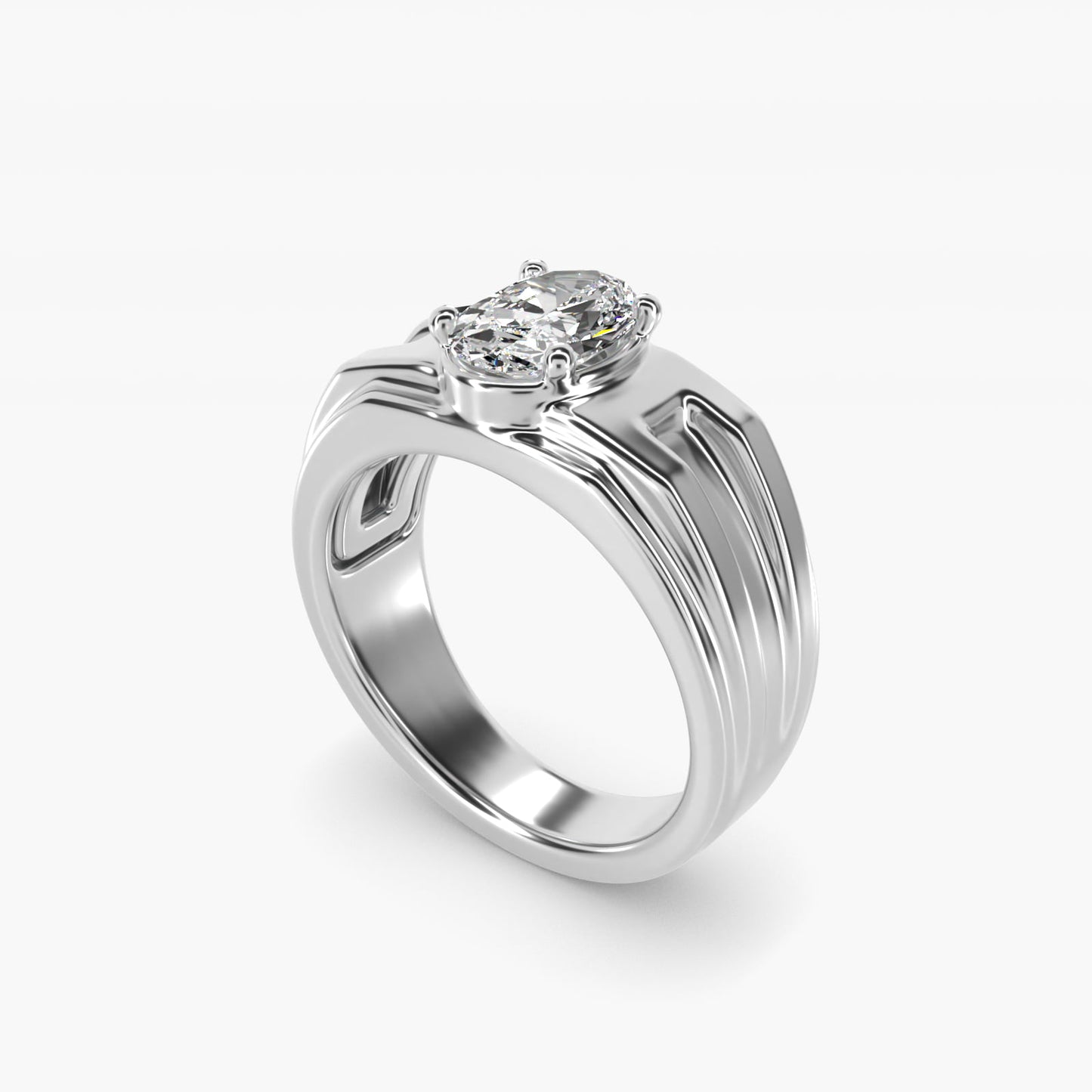 Men's Structured Solitaire Engagement Ring in 18k White Gold - Oval Center