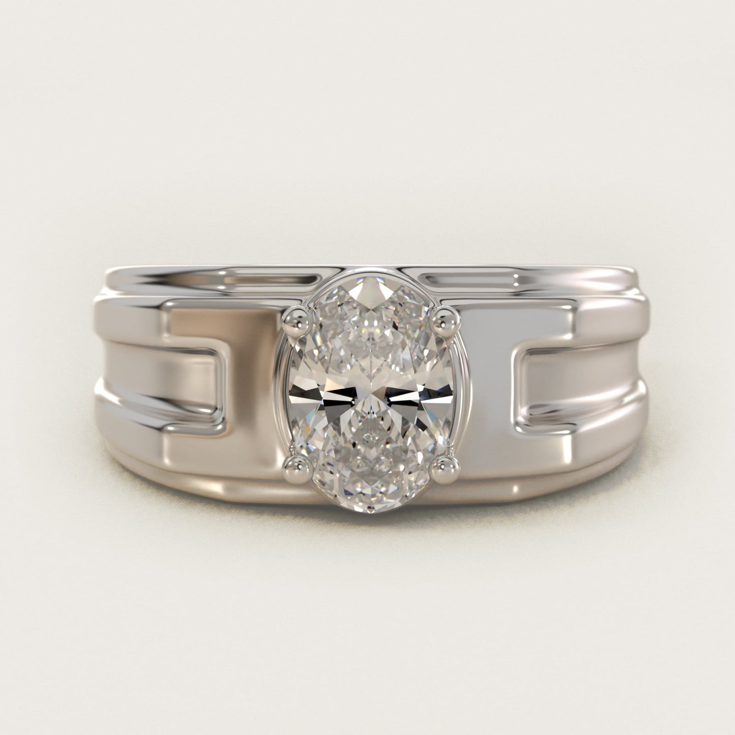 Men's Structured Solitaire Engagement Ring in 18k White Gold - Oval Center