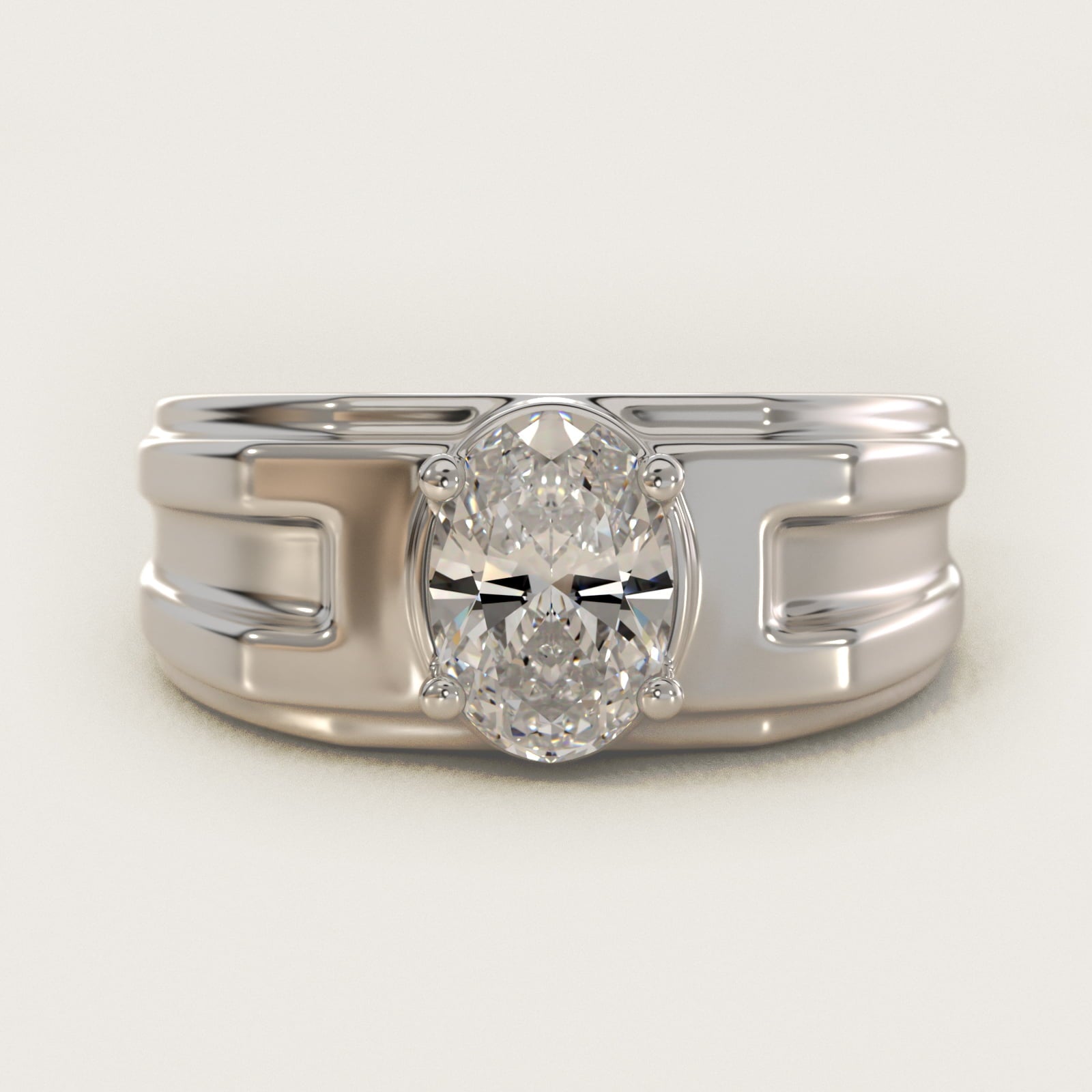 Men's Structured Solitaire Engagement Ring in 18k White Gold - Oval Center