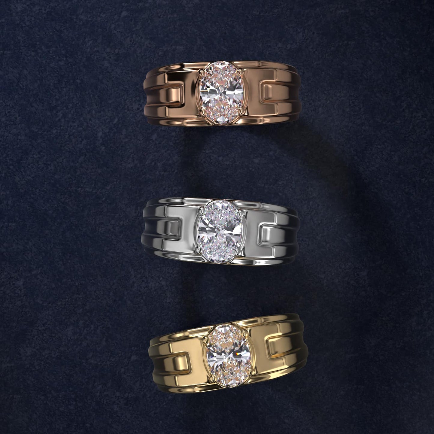Men's Structured Solitaire Engagement Ring in 18k White Gold - Oval Center