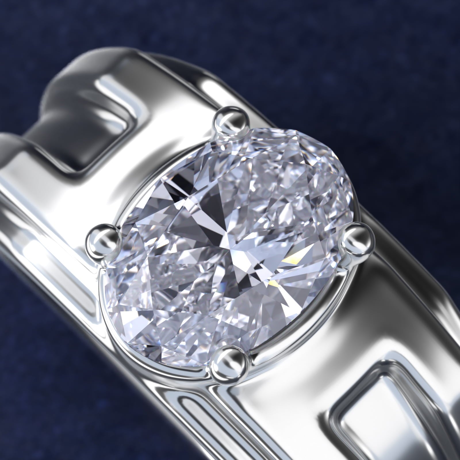 Men's Structured Solitaire Engagement Ring in 18k White Gold - Oval Center