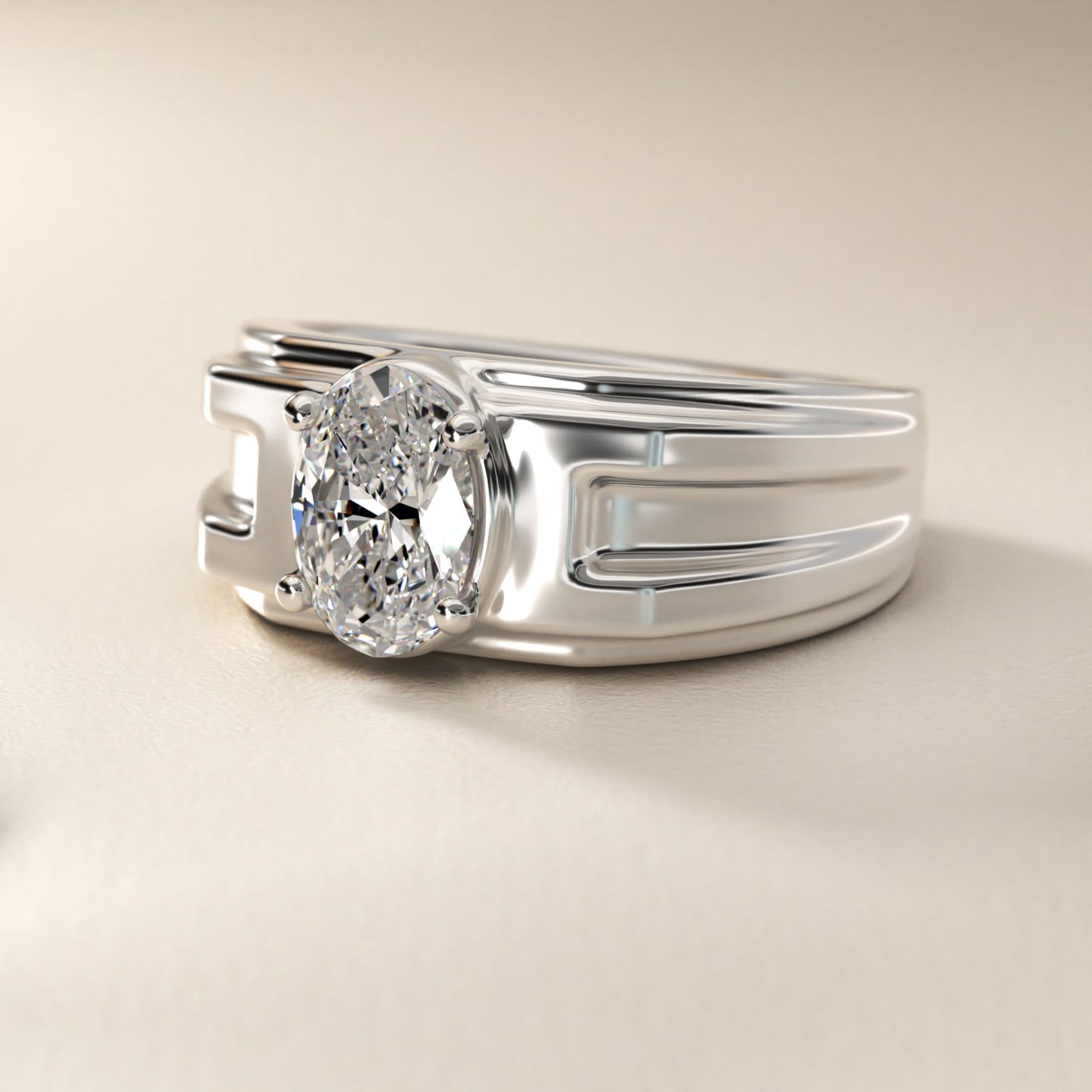 Men's Structured Solitaire Engagement Ring in Platinum - Oval Center